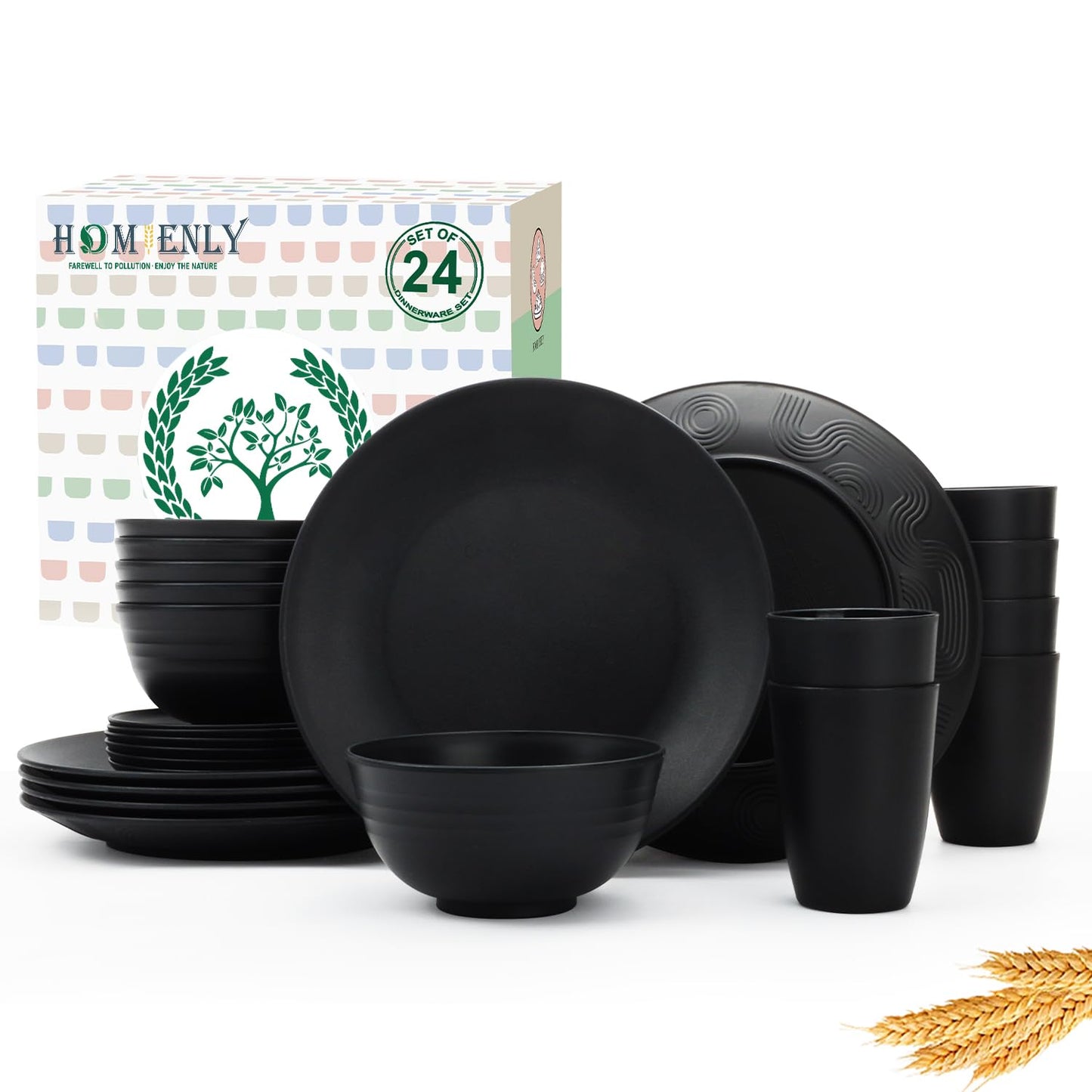 Homienly 40-Piece Premium Wheat Straw Dinnerware Sets, Service for 8, Unbreakable Plates and Bowls Set - Cups Sets, Dinner Plates, Bowls for Kitchen,Dishwasher and Microwave Safe Dishes Set - Multi