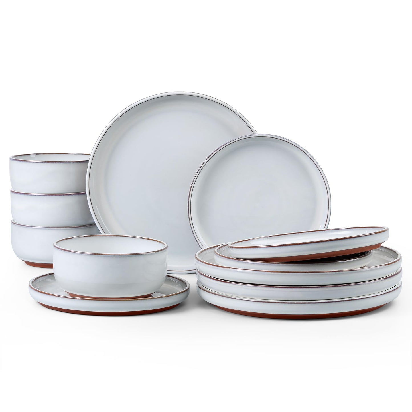 E-far 12-Piece Stoneware Dinnerware Sets, Plates and Bowls Sets for 4, Ceramic Dishware Dishes Set with Terracotta Base, Chip & Scratch Resistant, Microwave & Dishwasher Safe, Speckled White