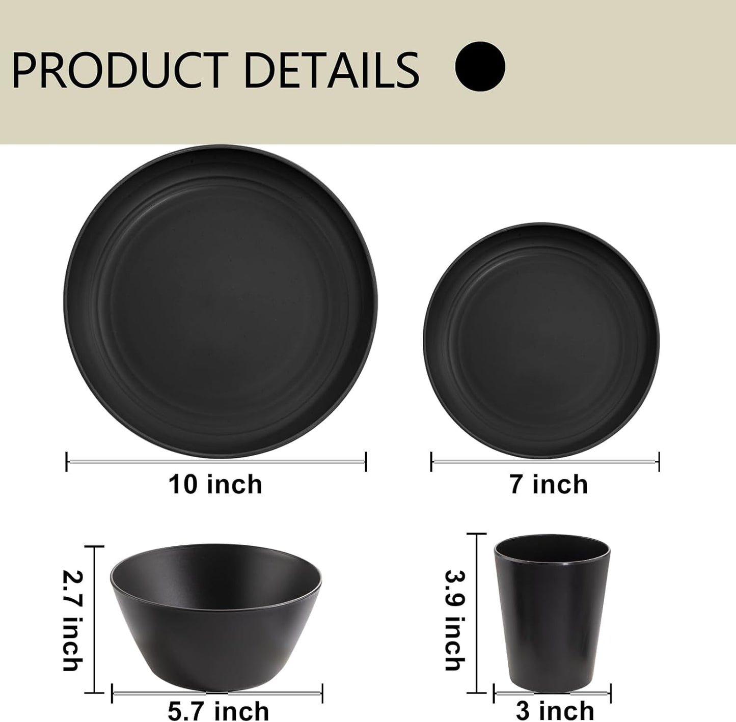 LIYH 48 Pcs Black Wheat Straw Plates and Bowls Dinnerware Set for 12, Camping Dish Set, Dishwasher Safe, Unbreakable Plastic Camper Dishes