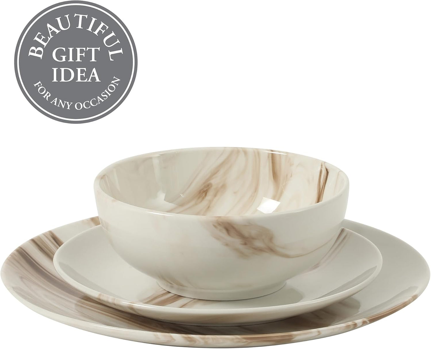 Gibson Home Cloudlight 12 Piece Plates and Bowls Dishes Brown and White - Decorated Porcelain Ceramic Dinnerware Set - Service for 4