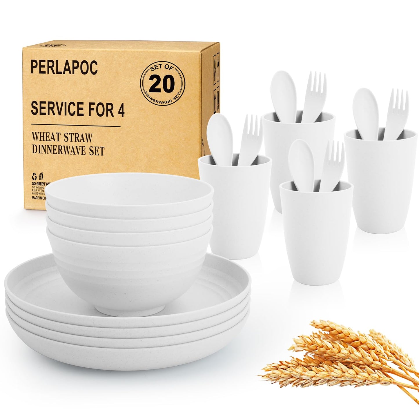 Wheat Straw Dinnerware Set 40 PCS - Service for 8 | Plates and Bowls Sets | Unbreakable Dishes Set - Dinner Plates, Dessert Plate, Cereal Bowls, Drinking Glasses, Dishwasher Safe - Multi