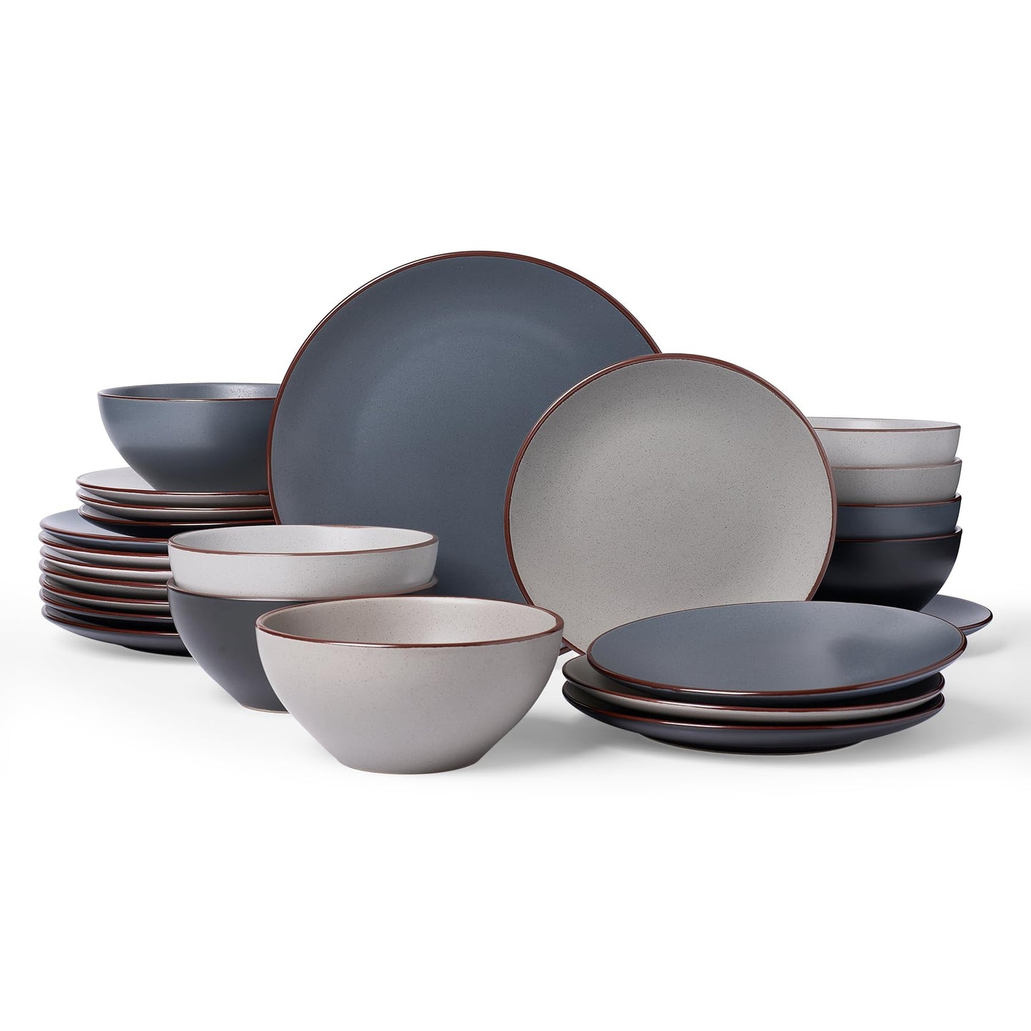 Famiware Venus Plates and Bowls Sets with Trim, 12 Pieces Speckled Stoneware Dishes Dinnerware Set for 4, Matte Dark Gray - Microwave & Dishwasher Safe, Modern Minimalist, Everyday & Formal Dining