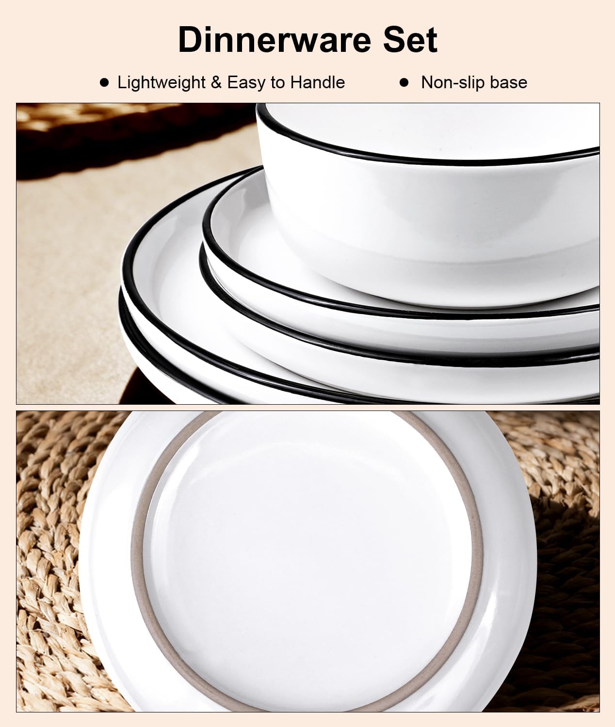 12 Pieces Ceramic Dinnerware set,Plates and Bowls Sets for 4,White Dinnerware Set for Kitchen, Modern Design Plate Sets with Black Rim, Microwave and Dishwasher Safe
