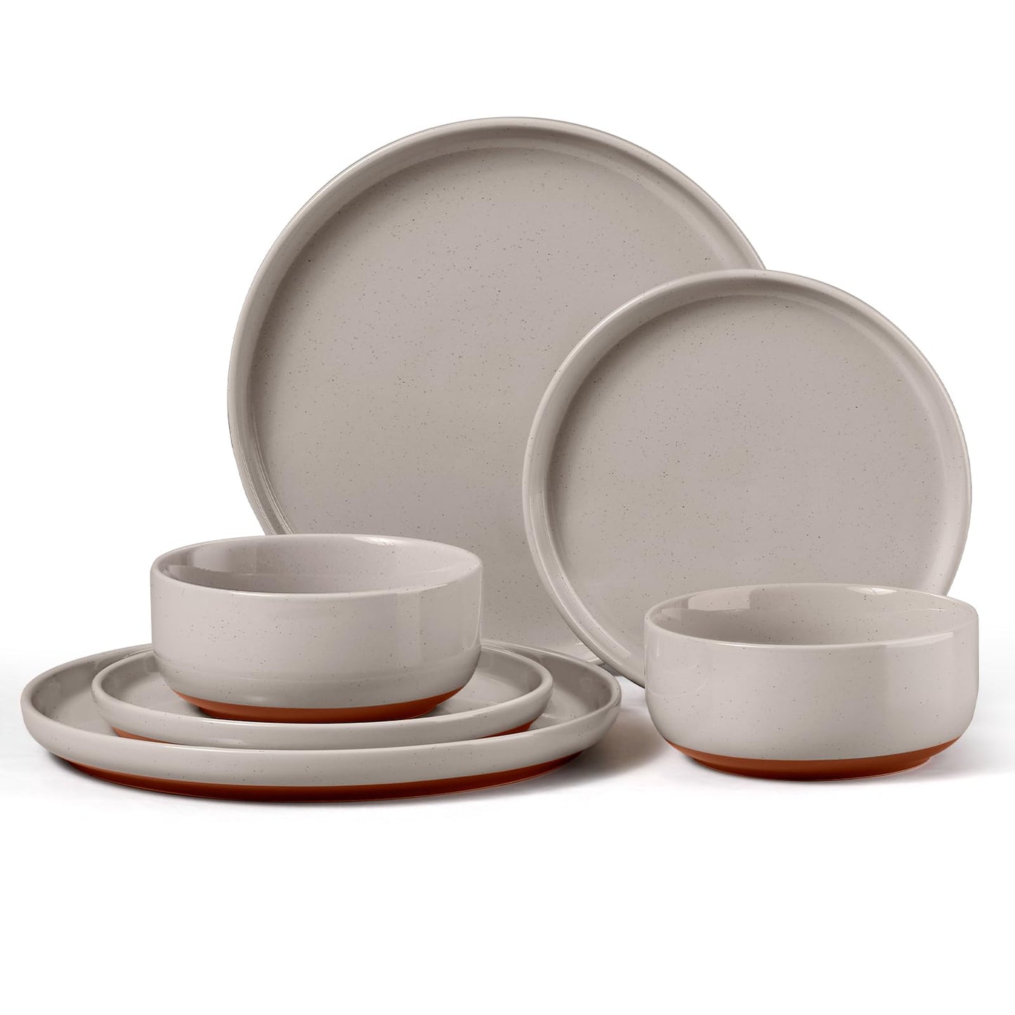 E-far 12-Piece Stoneware Dinnerware Sets, Plates and Bowls Sets for 4, Ceramic Dishware Dishes Set with Terracotta Base, Chip & Scratch Resistant, Microwave & Dishwasher Safe, Speckled White