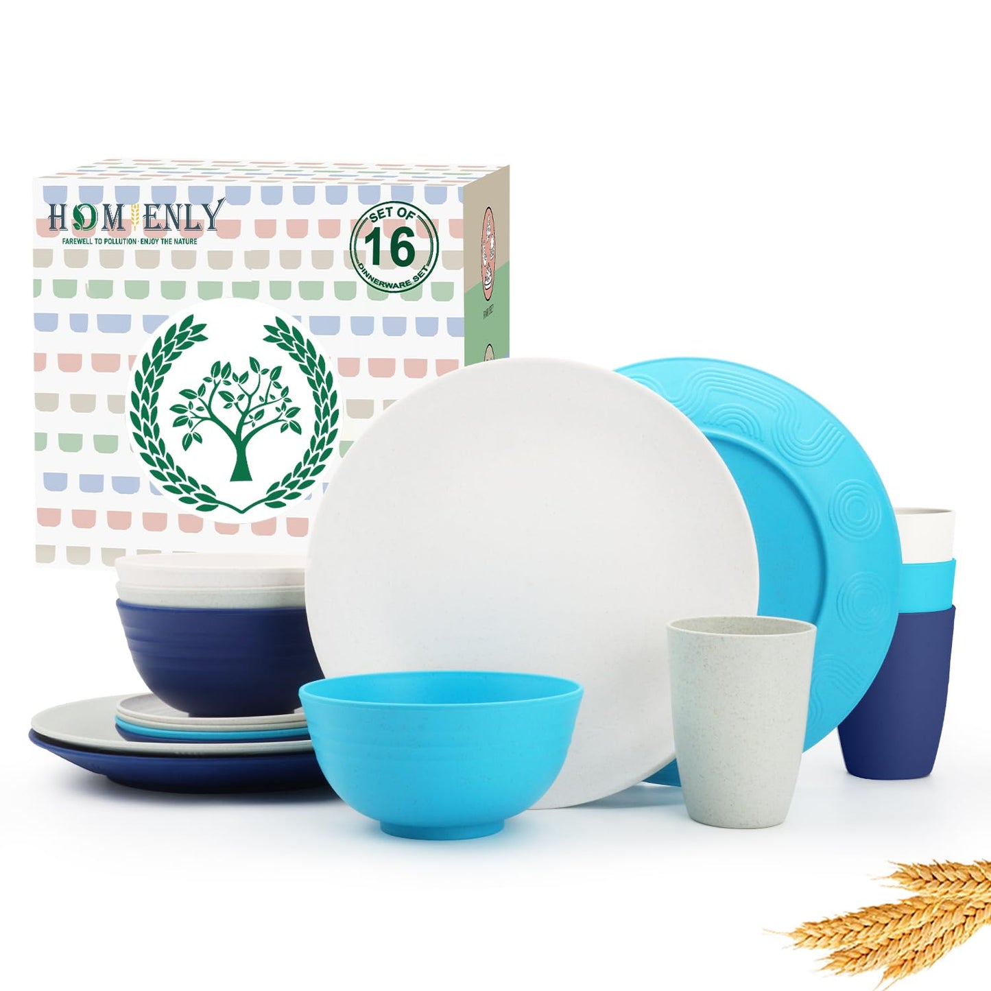 Homienly 40-Piece Premium Wheat Straw Dinnerware Sets, Service for 8, Unbreakable Plates and Bowls Set - Cups Sets, Dinner Plates, Bowls for Kitchen,Dishwasher and Microwave Safe Dishes Set - Multi