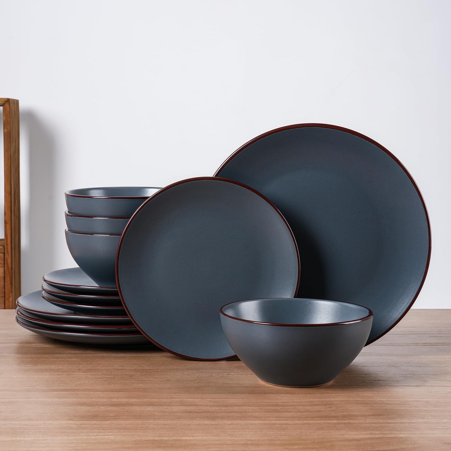 Famiware Venus Plates and Bowls Sets with Trim, 12 Pieces Speckled Stoneware Dishes Dinnerware Set for 4, Matte Dark Gray - Microwave & Dishwasher Safe, Modern Minimalist, Everyday & Formal Dining