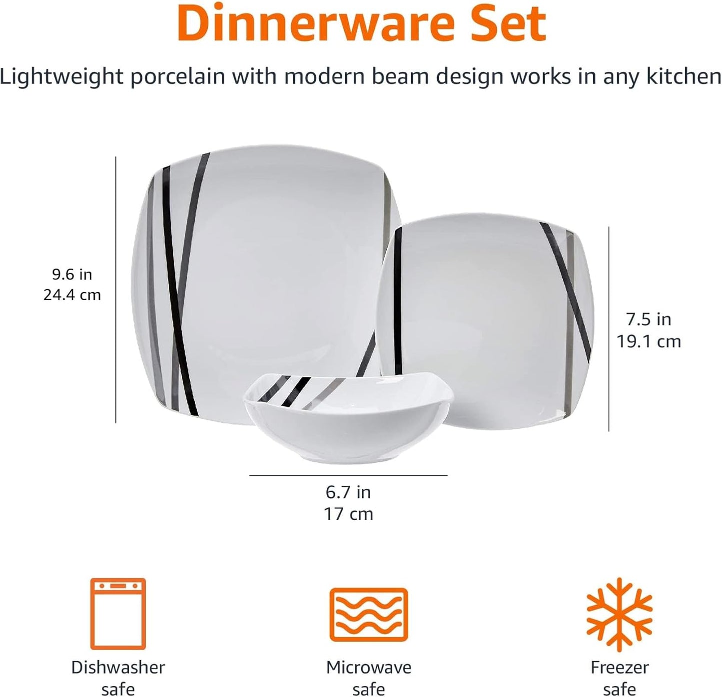 Amazon Basics Square Dinnerware Set for 6, Plates and Bowls for Kitchen, 18-Piece, Dishwasher and Microwave Safe, Modern Beams