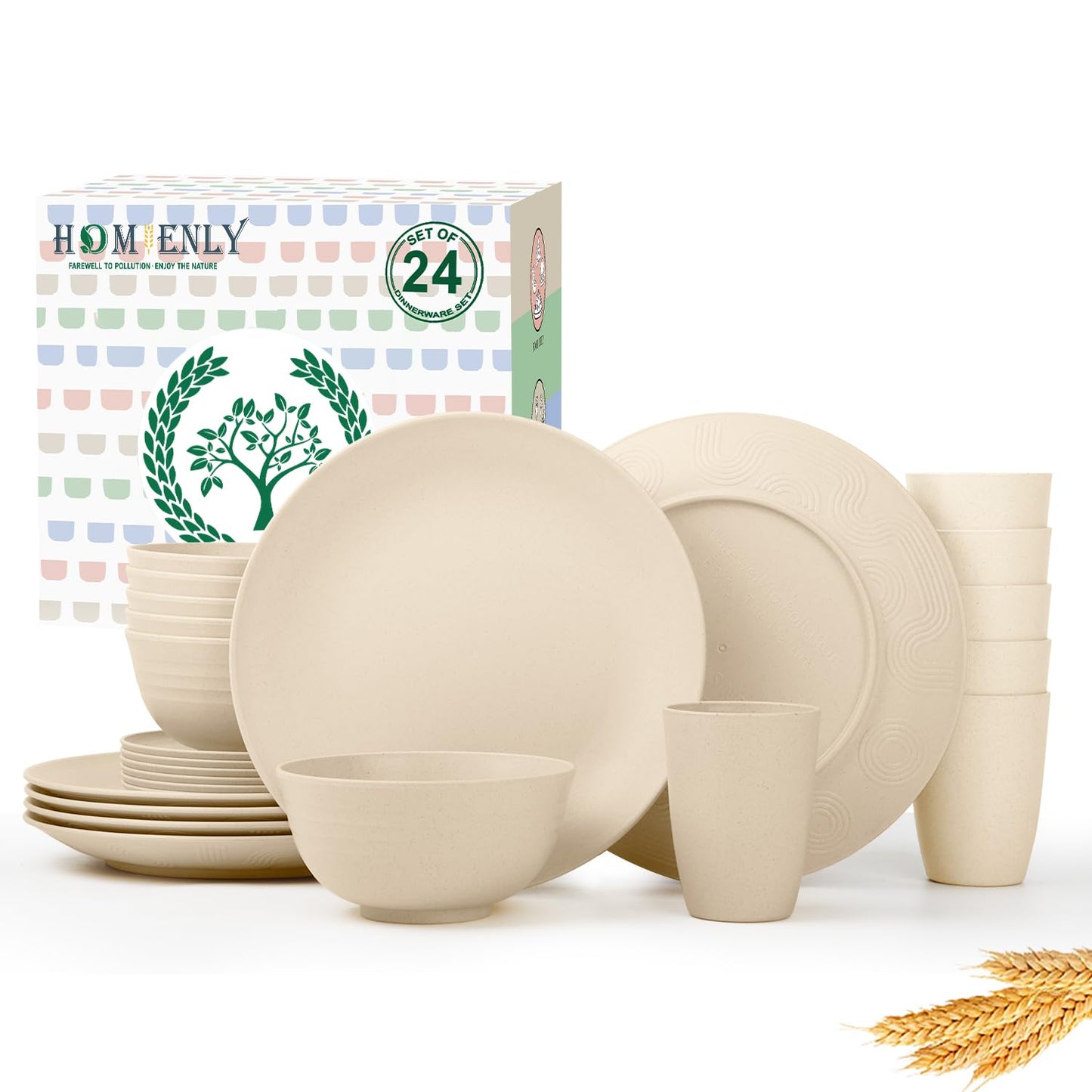 Homienly Kitchen Wheat Straw Dinnerware Set 40 PCS - Dinner Plates, Cereal Bowls, Wheat Straw Cups Set, Microwave and Dishwasher Safe Dishes Set, Unbreakable Dish Set for Party, Outdoor(Grey Stone)