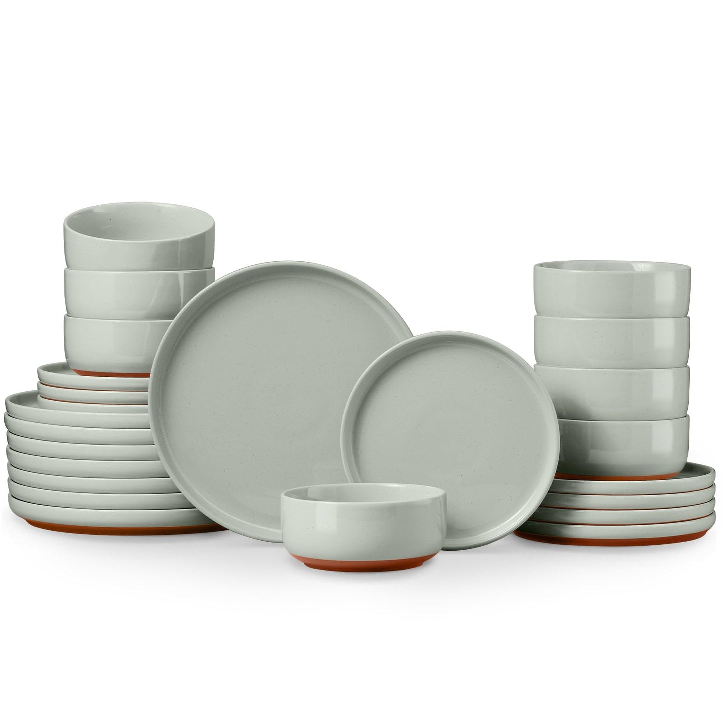 E-far 12-Piece Stoneware Dinnerware Sets, Plates and Bowls Sets for 4, Ceramic Dishware Dishes Set with Terracotta Base, Chip & Scratch Resistant, Microwave & Dishwasher Safe, Speckled White