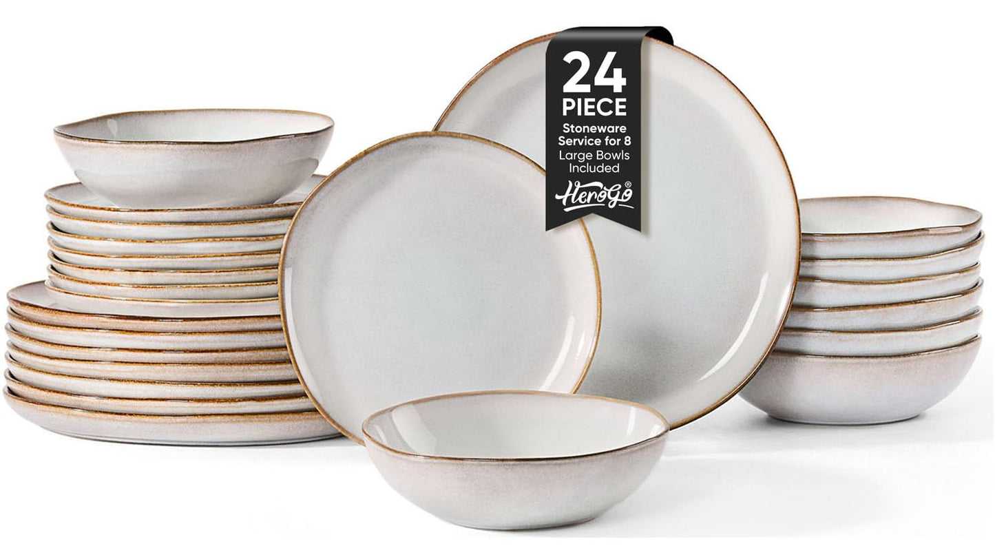 Herogo 12pcs Stoneware Dinnerware Sets for 4, Irregular Handmade Dinner Plates and Bowls, Kitchen Dining Dish Dishware Set, Microwave & Dishwasher Safe, Cream Khaki