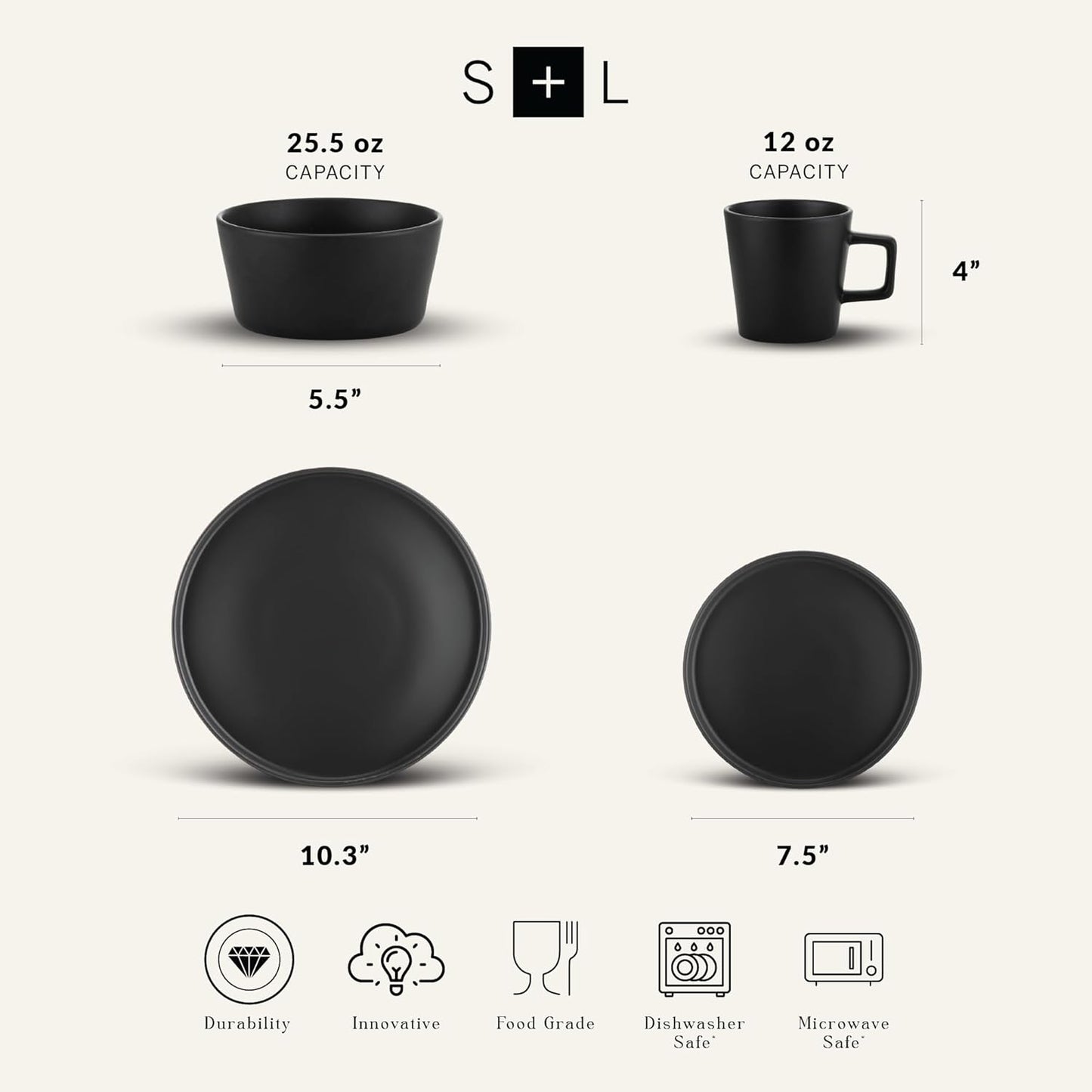 Stone Lain Celina Stoneware 16 Piece Dinnerware Set, Plates and Bowls, Black Matte Dish, Service for 4 – Minimalist Round Style, Microwave & Dishwasher Safe