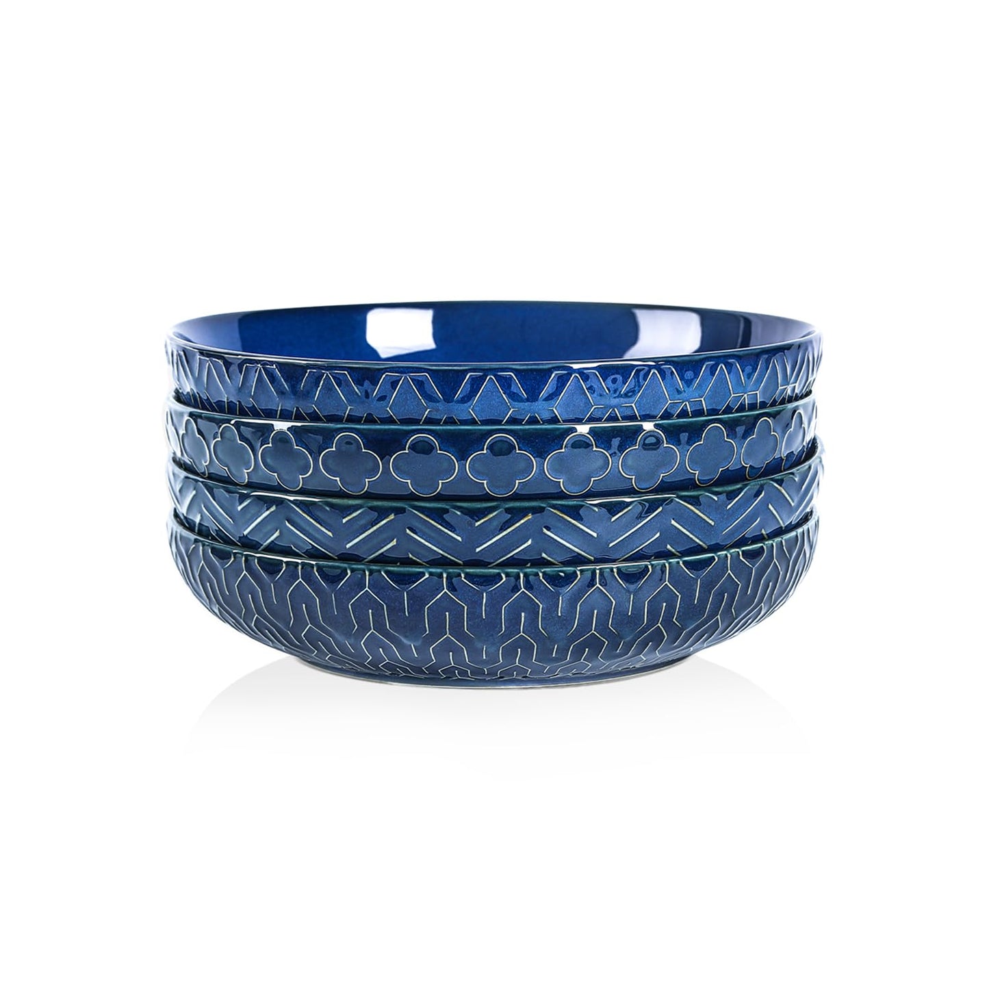 Sureasy Pasta Bowls Set of 4, 30oz Large Ceramic Embossed Bowl Plates, 8.5 Inch Wide and Shallow Plate Bowls, Salad Bowl, Microwave, Oven & Dishwasher Safe, White