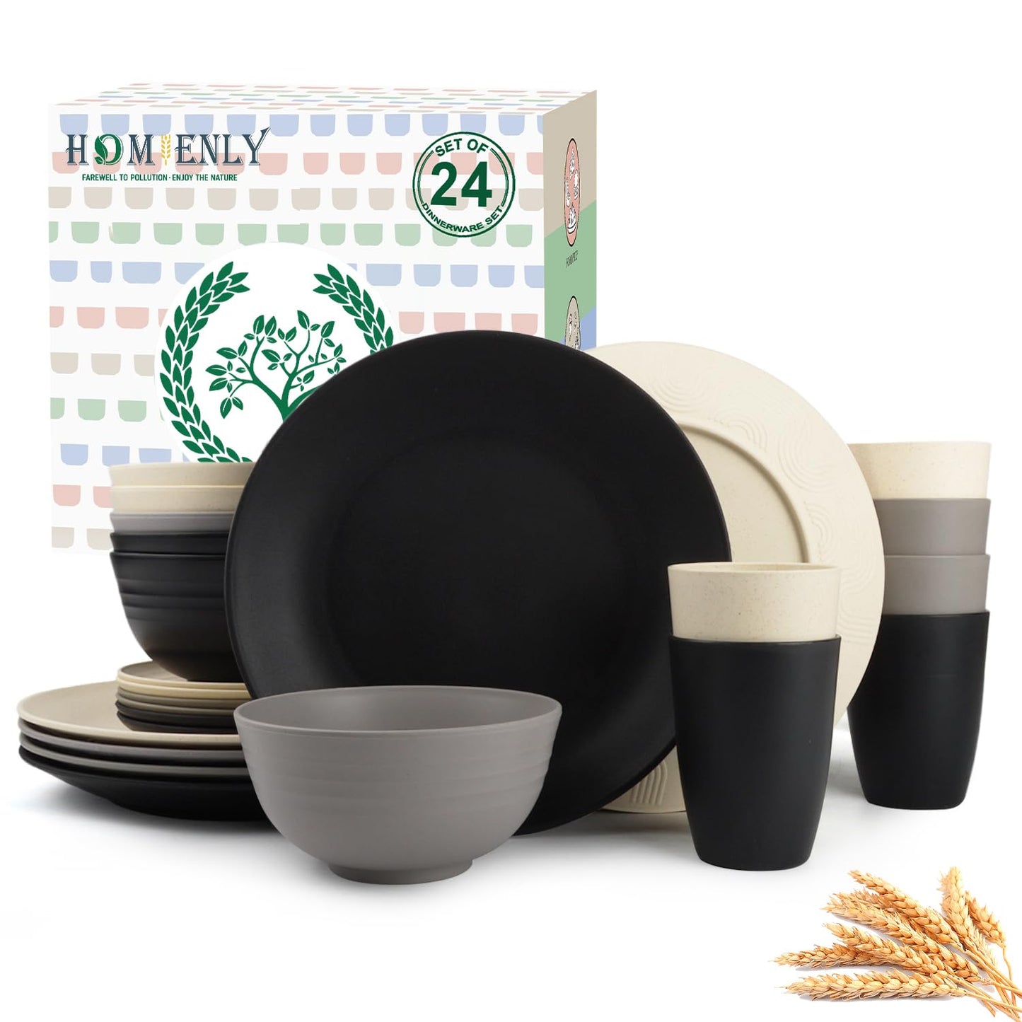 Homienly Kitchen Wheat Straw Dinnerware Set 40 PCS - Dinner Plates, Cereal Bowls, Wheat Straw Cups Set, Microwave and Dishwasher Safe Dishes Set, Unbreakable Dish Set for Party, Outdoor(Grey Stone)