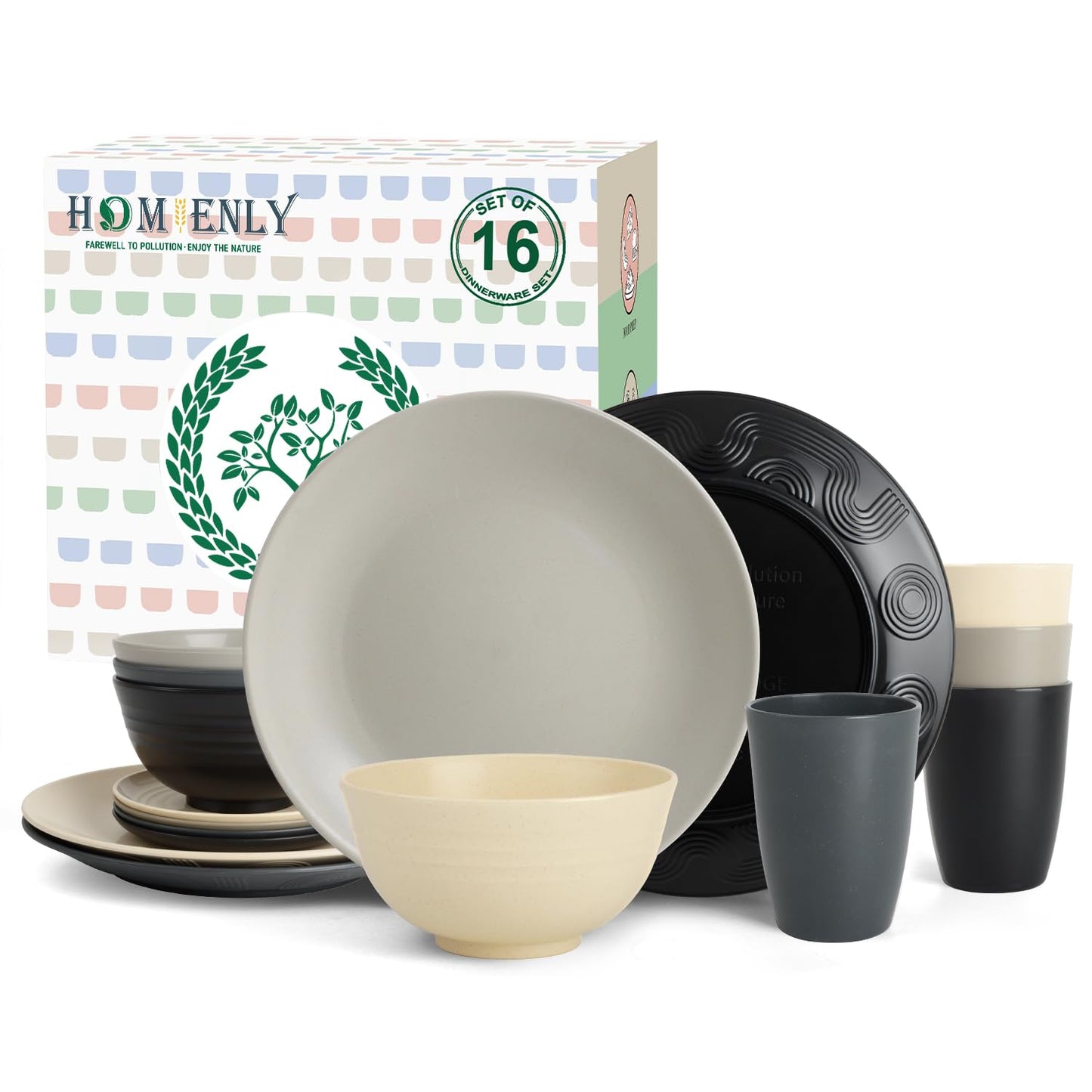 Homienly 40-Piece Premium Wheat Straw Dinnerware Sets, Service for 8, Unbreakable Plates and Bowls Set - Cups Sets, Dinner Plates, Bowls for Kitchen,Dishwasher and Microwave Safe Dishes Set - Multi