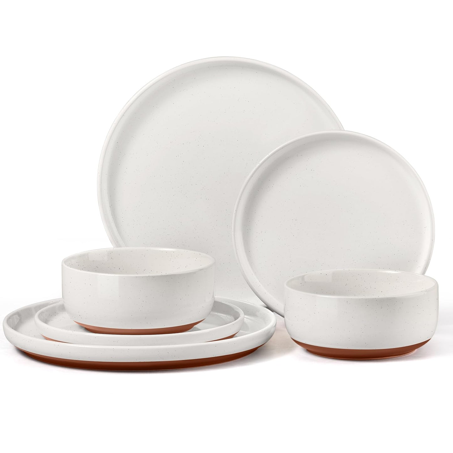 E-far 12-Piece Stoneware Dinnerware Sets, Plates and Bowls Sets for 4, Ceramic Dishware Dishes Set with Terracotta Base, Chip & Scratch Resistant, Microwave & Dishwasher Safe, Speckled White