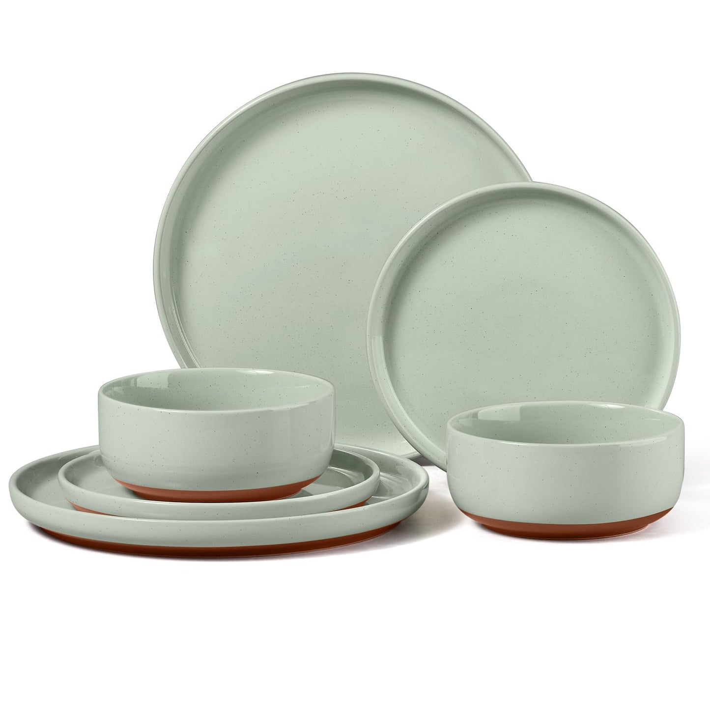 E-far 12-Piece Stoneware Dinnerware Sets, Plates and Bowls Sets for 4, Ceramic Dishware Dishes Set with Terracotta Base, Chip & Scratch Resistant, Microwave & Dishwasher Safe, Speckled White