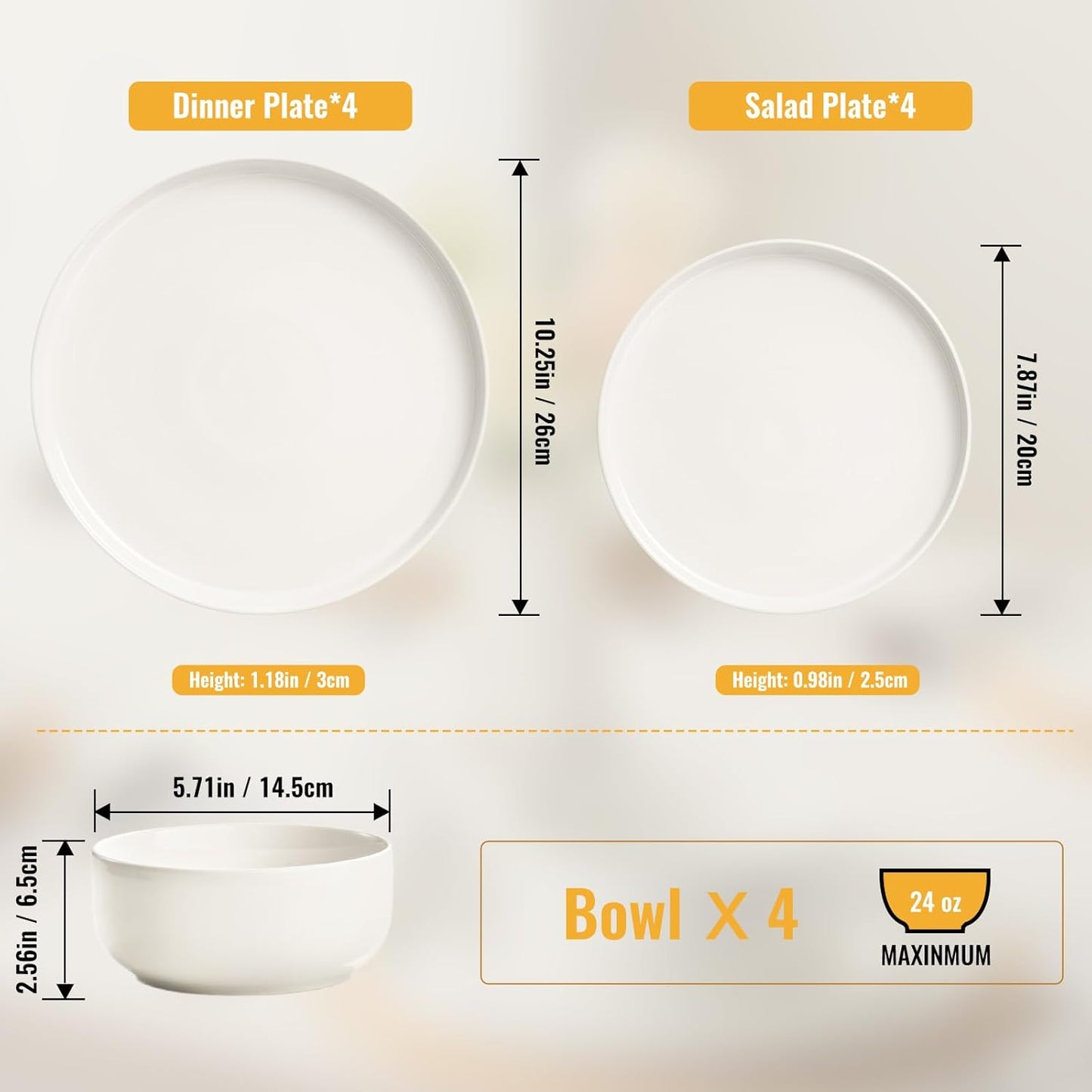 EWFEN Plates and Bowls Sets, 12 Pieces Ceramic Dinnerware Set for 4, Stoneware Dishware Dishes Set, Scratch Resistant Dishes Set, Dishwasher & Microwave Safe, White