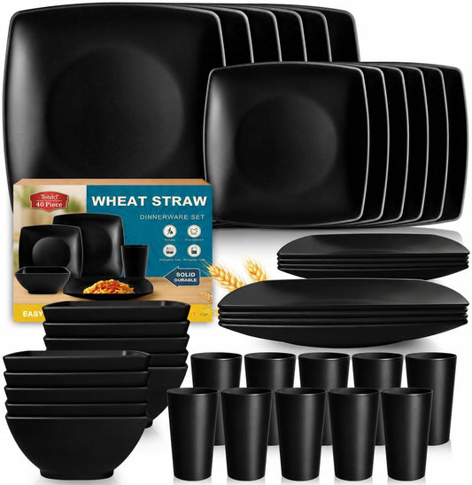 Teivio 40-piece Plastic Wheat Straw Square Dinnerware Set,Service for10, Unbreakable Dinner Plates, Salad Plates, Snack Bowls, Tumblers 13.5 oz, Dishwasher Safe, Kitchen Outdoor Camping Dish, Black
