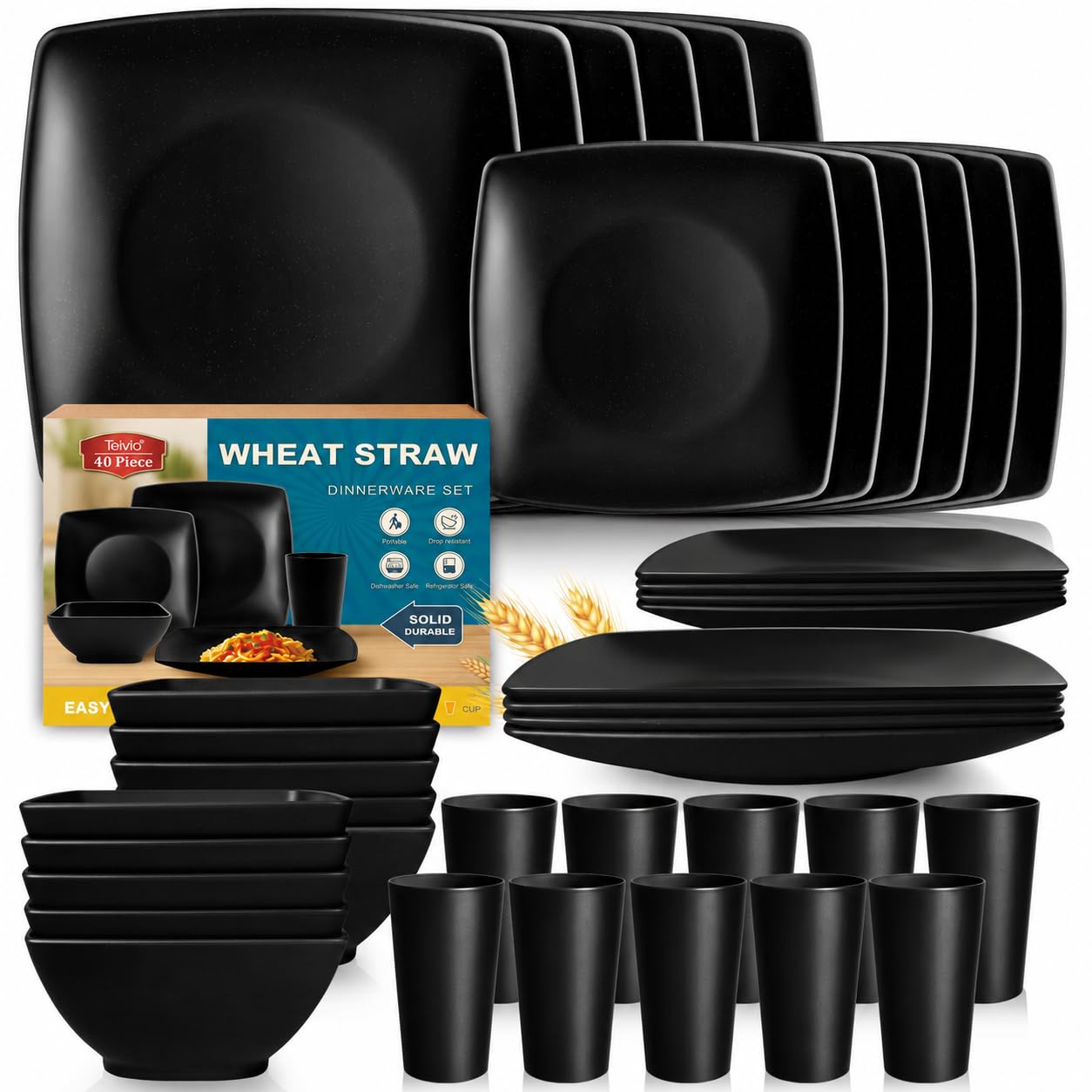 Teivio 40-piece Plastic Wheat Straw Square Dinnerware Set,Service for10, Unbreakable Dinner Plates, Salad Plates, Snack Bowls, Tumblers 13.5 oz, Dishwasher Safe, Kitchen Outdoor Camping Dish, Black