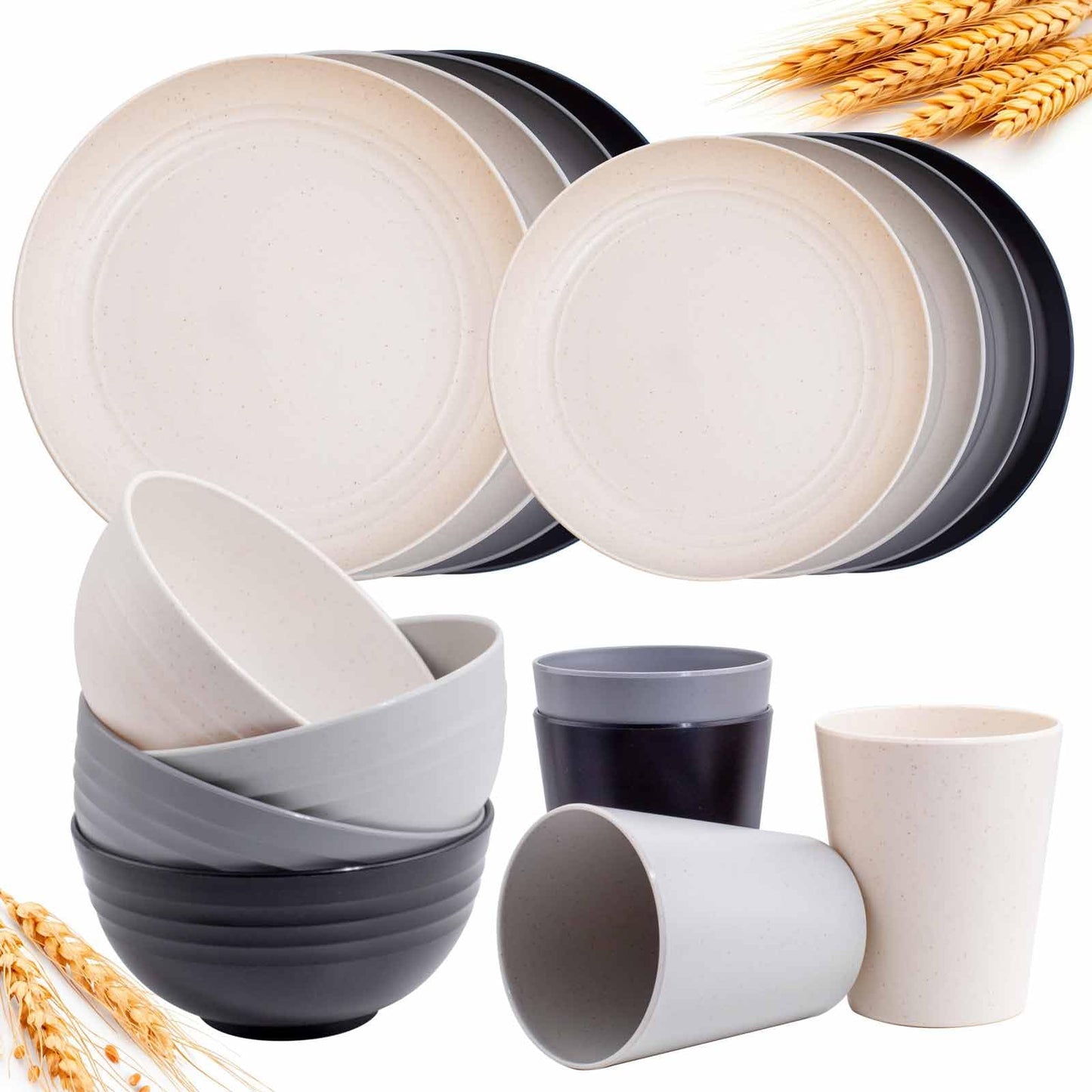 Rubtlamp 16Pcs Plastic Wheat Straw Dinnerware Set, Reusable Plastic Plate Set for 4, Kitchen Plates And Bowls Set (Pink) Include Dinner Platos, Dessert Platos, Cereal Bowls, Cups for Daily, Camping