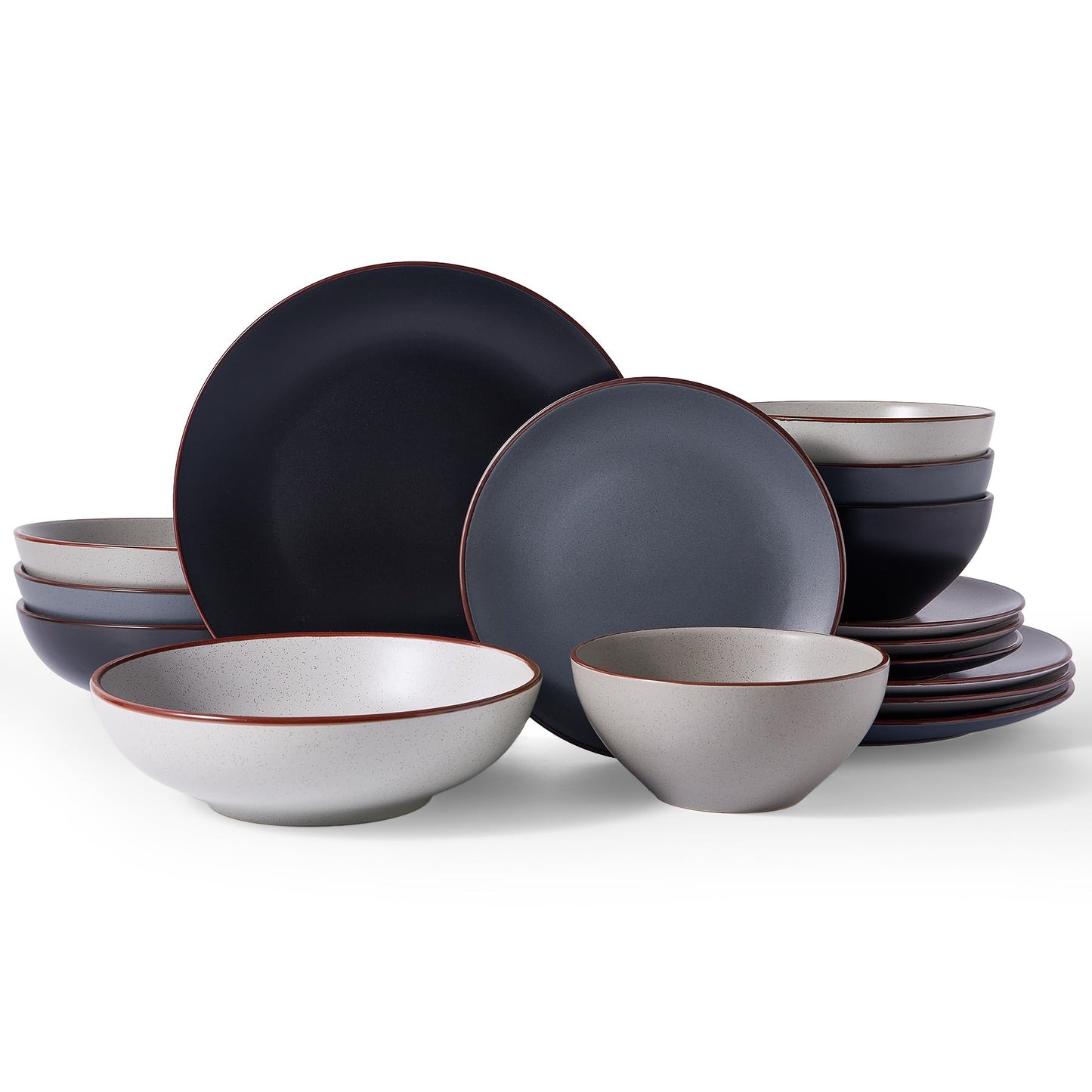 Famiware Venus Plates and Bowls Sets with Trim, 12 Pieces Speckled Stoneware Dishes Dinnerware Set for 4, Matte Dark Gray - Microwave & Dishwasher Safe, Modern Minimalist, Everyday & Formal Dining