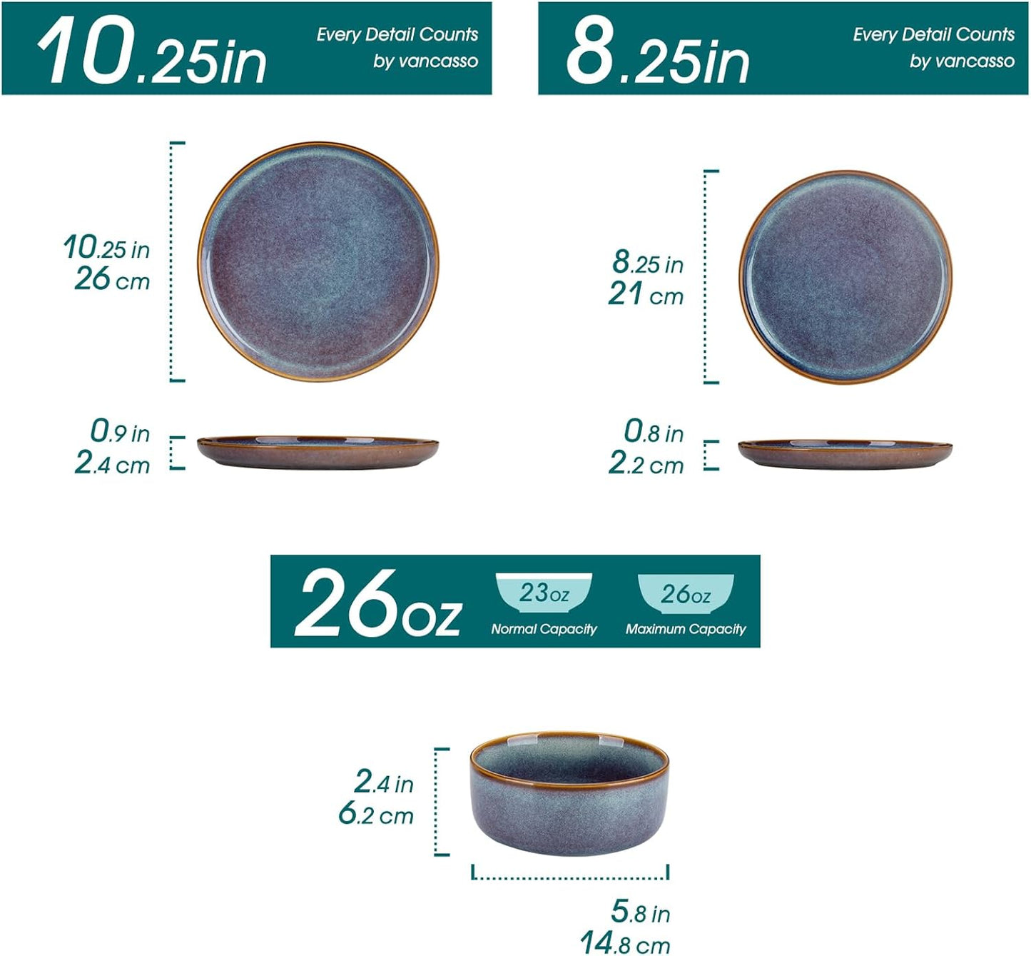 vancasso PLAYA Plates and Bowls Sets, 12 Pieces Grey-Blue Dinnerware Sets for Kitchen, Reactive Glaze Dishes Set for 4, Dishwasher and Microwave Safe