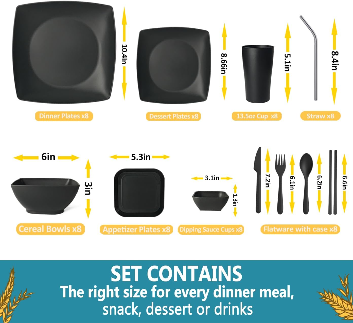 Teivio 88-piece With Flatware Plastic Kitchen Wheat Straw Square Dinnerware Set for 8, Unbreakable Dinner/Salad/Appetizer Plates, Snack Bowls, Dipping Sauce Cups,Tumblers, Dishwasher Safe Dish,Black