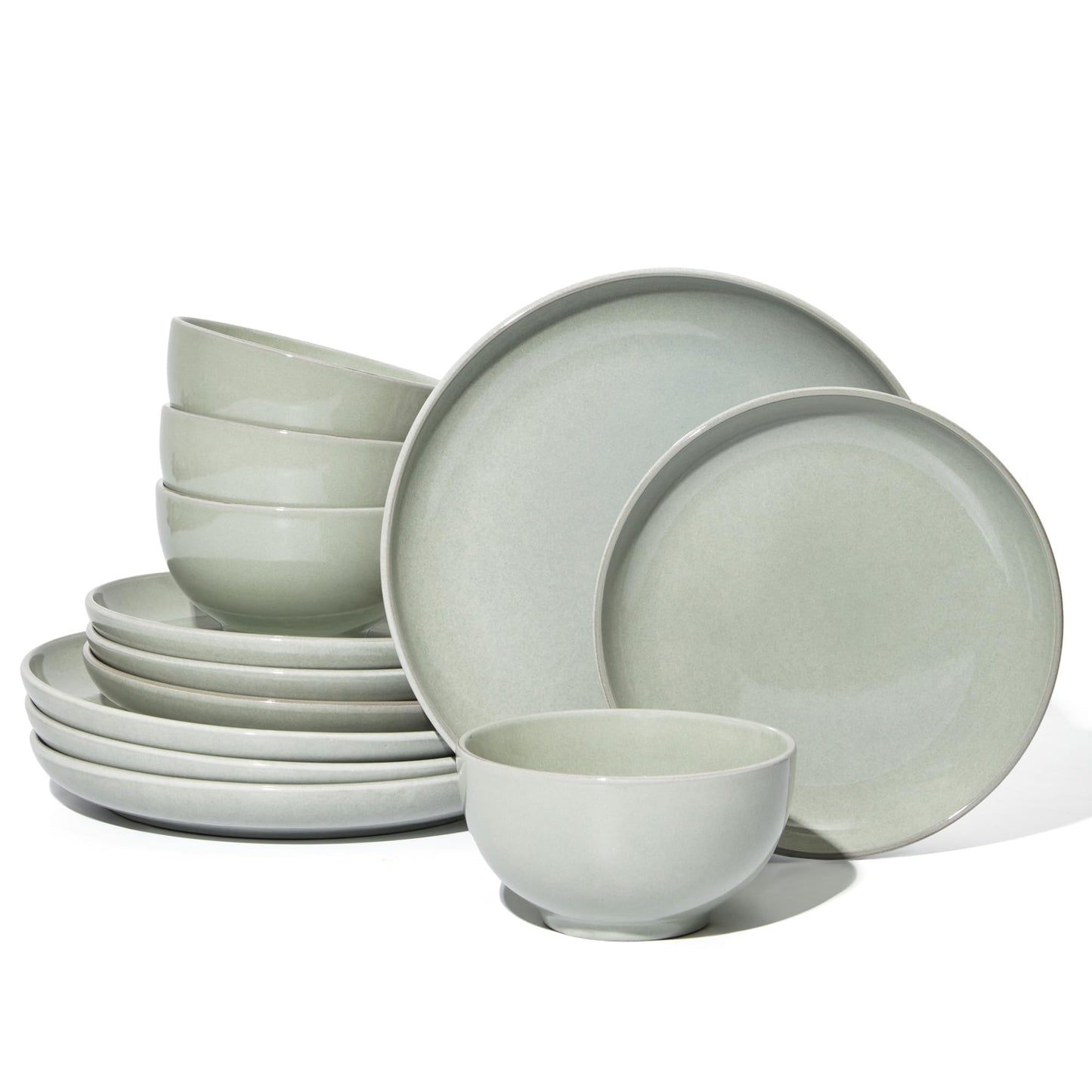 Pokini Stoneware Dinnerware Sets Service for 4, 12 pcs Reactive Glaze Plates and Bowls Sets, Handmade Ceramic Dish Set, Highly Chip and Crack Resistant Modern Plate Set, Brown Green