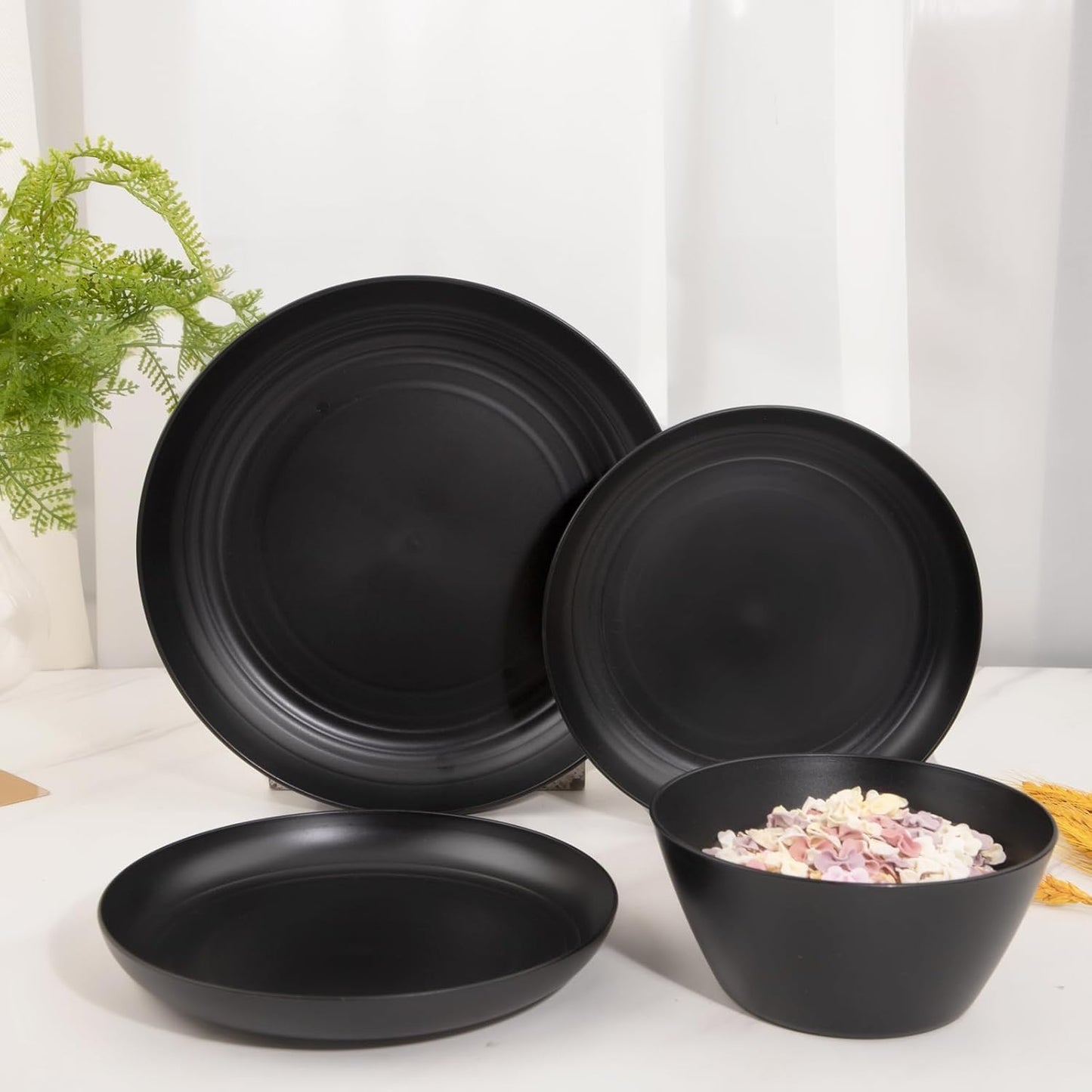 LIYH 48 Pcs Black Wheat Straw Plates and Bowls Dinnerware Set for 12, Camping Dish Set, Dishwasher Safe, Unbreakable Plastic Camper Dishes