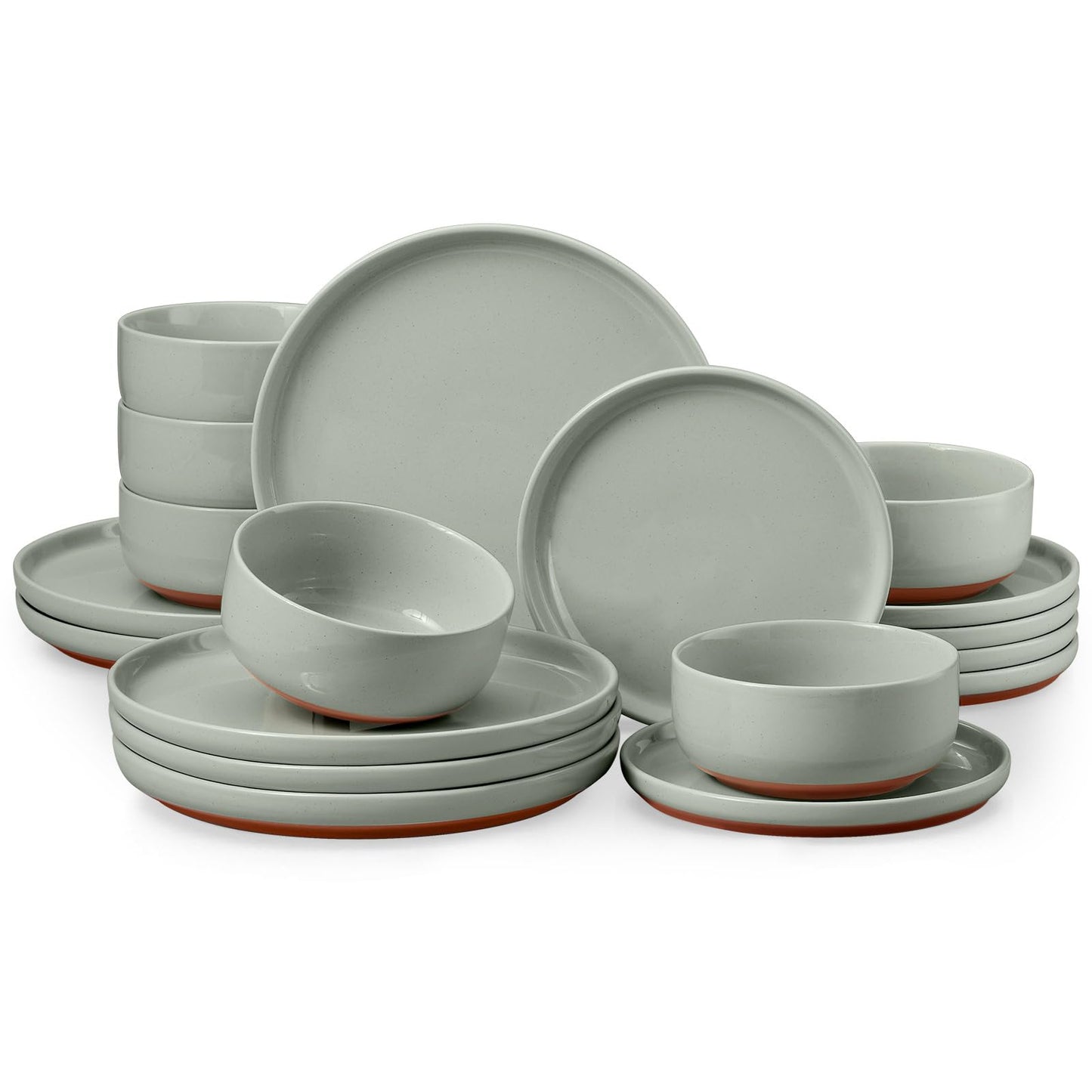 E-far 12-Piece Stoneware Dinnerware Sets, Plates and Bowls Sets for 4, Ceramic Dishware Dishes Set with Terracotta Base, Chip & Scratch Resistant, Microwave & Dishwasher Safe, Speckled White
