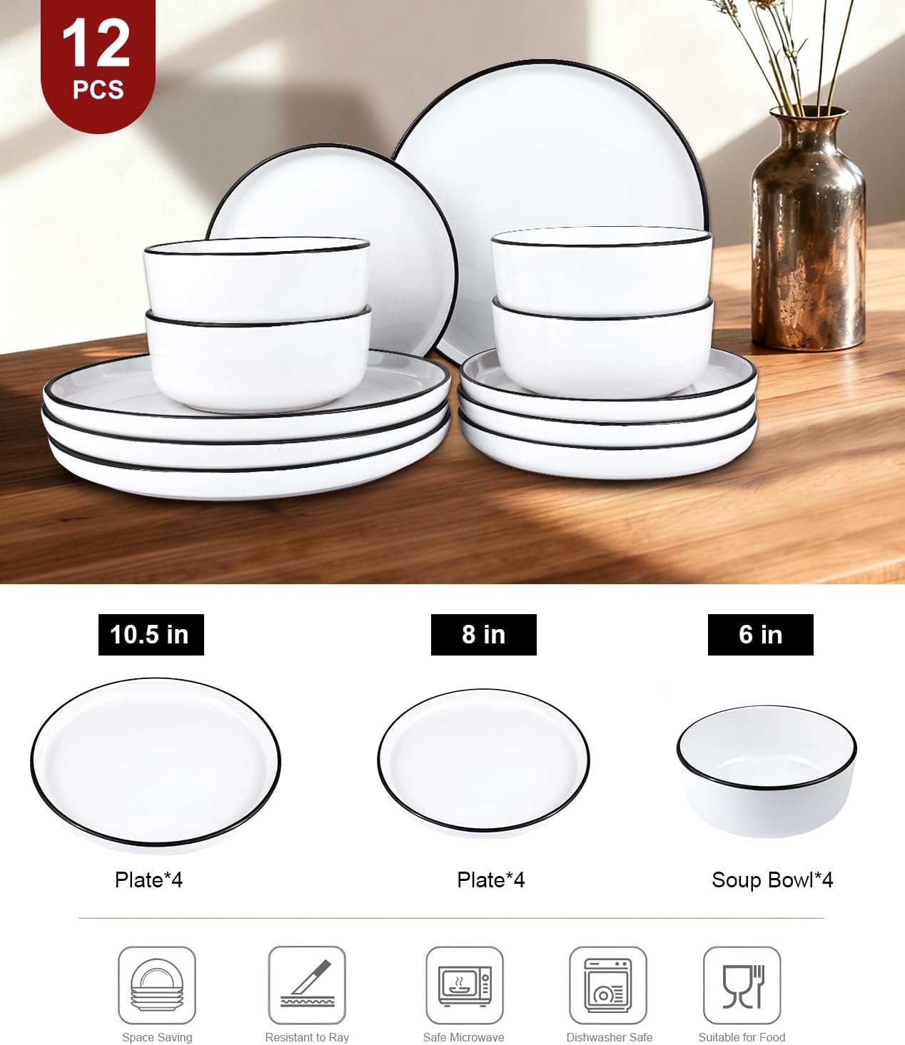 12 Pieces Ceramic Dinnerware set,Plates and Bowls Sets for 4,White Dinnerware Set for Kitchen, Modern Design Plate Sets with Black Rim, Microwave and Dishwasher Safe