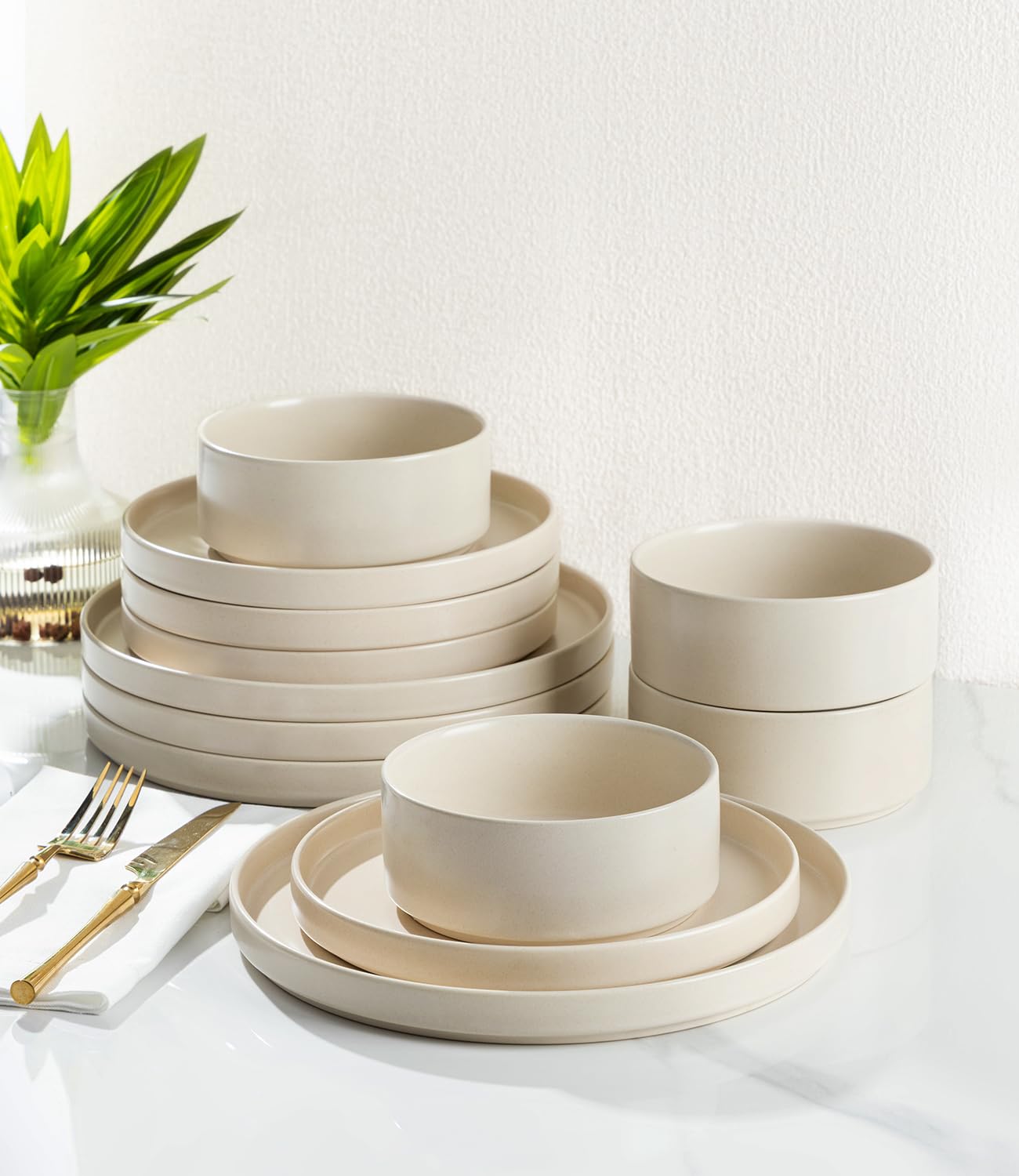 TheTerra Ceramic Dinnerware Sets for 4, 12 Pieces Porcelain Lightweight Plates and Bowls Sets, Scratch Resistant Dish Set, Oven & Microwave & Dishwasher Safe, Beige