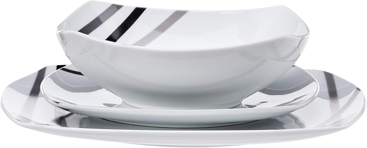 Amazon Basics Square Dinnerware Set for 6, Plates and Bowls for Kitchen, 18-Piece, Dishwasher and Microwave Safe, Modern Beams