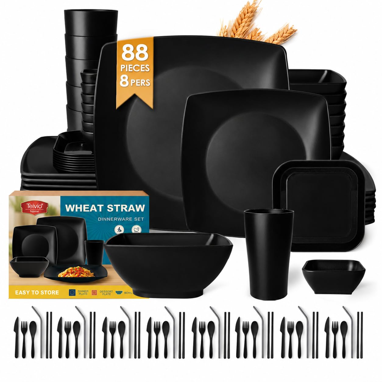 Teivio 88-piece With Flatware Plastic Kitchen Wheat Straw Square Dinnerware Set for 8, Unbreakable Dinner/Salad/Appetizer Plates, Snack Bowls, Dipping Sauce Cups,Tumblers, Dishwasher Safe Dish,Black