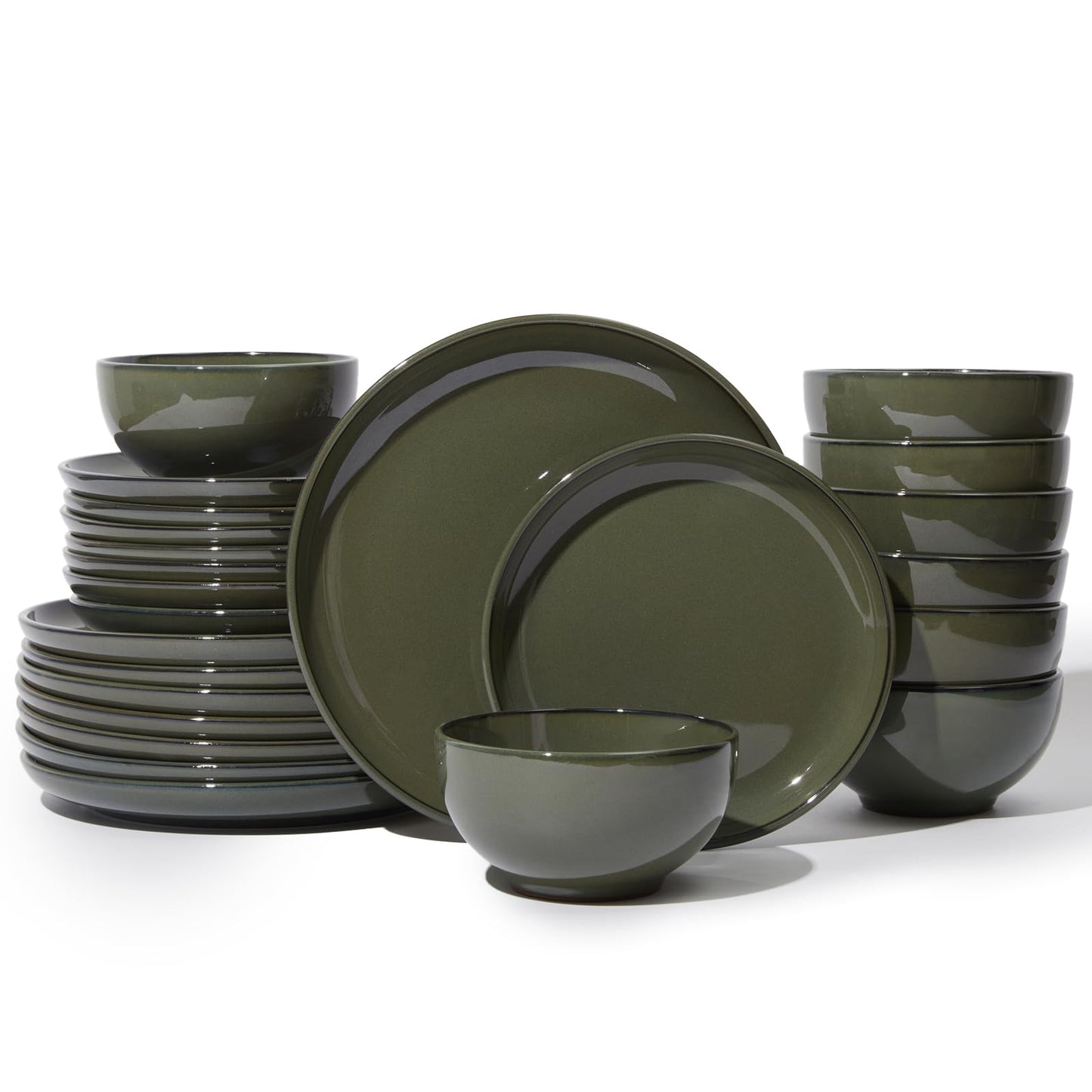 Pokini Stoneware Dinnerware Sets Service for 4, 12 pcs Reactive Glaze Plates and Bowls Sets, Handmade Ceramic Dish Set, Highly Chip and Crack Resistant Modern Plate Set, Brown Green