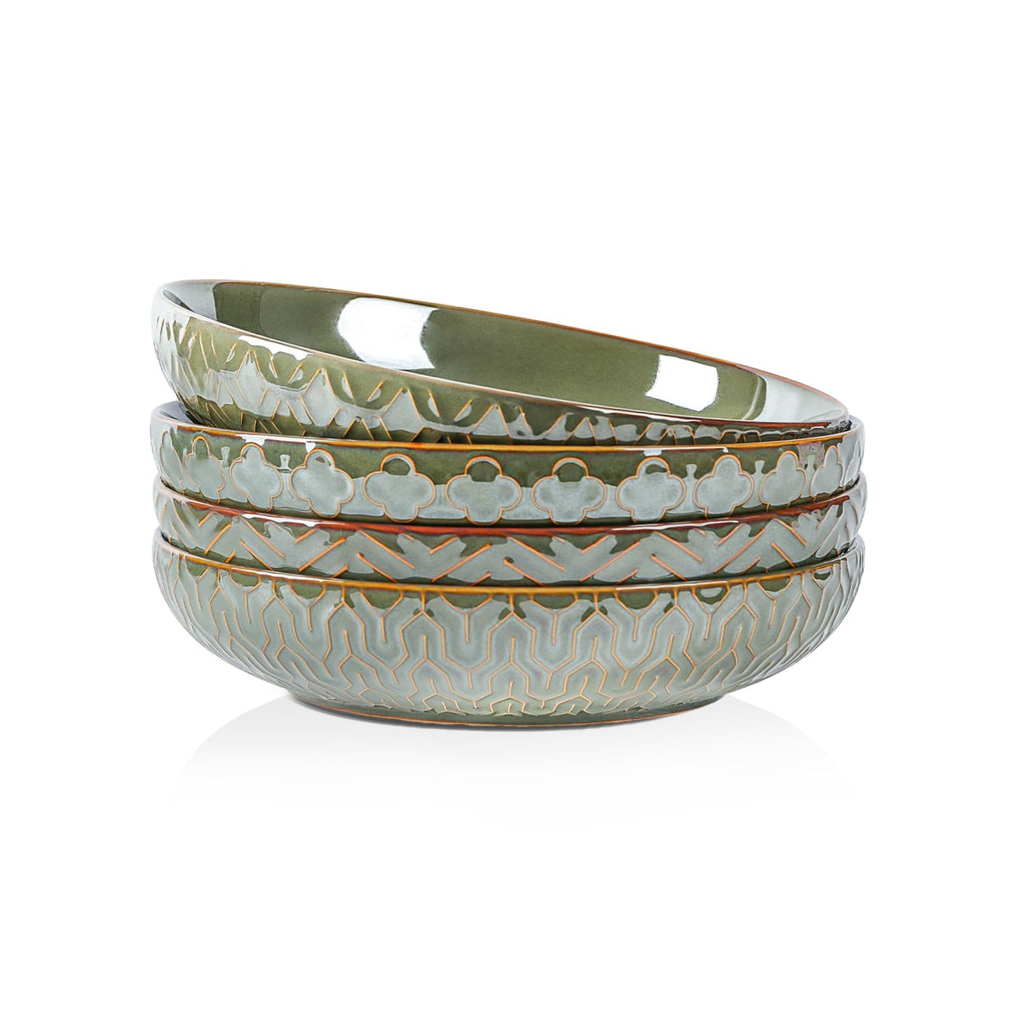 Sureasy Pasta Bowls Set of 4, 30oz Large Ceramic Embossed Bowl Plates, 8.5 Inch Wide and Shallow Plate Bowls, Salad Bowl, Microwave, Oven & Dishwasher Safe, White