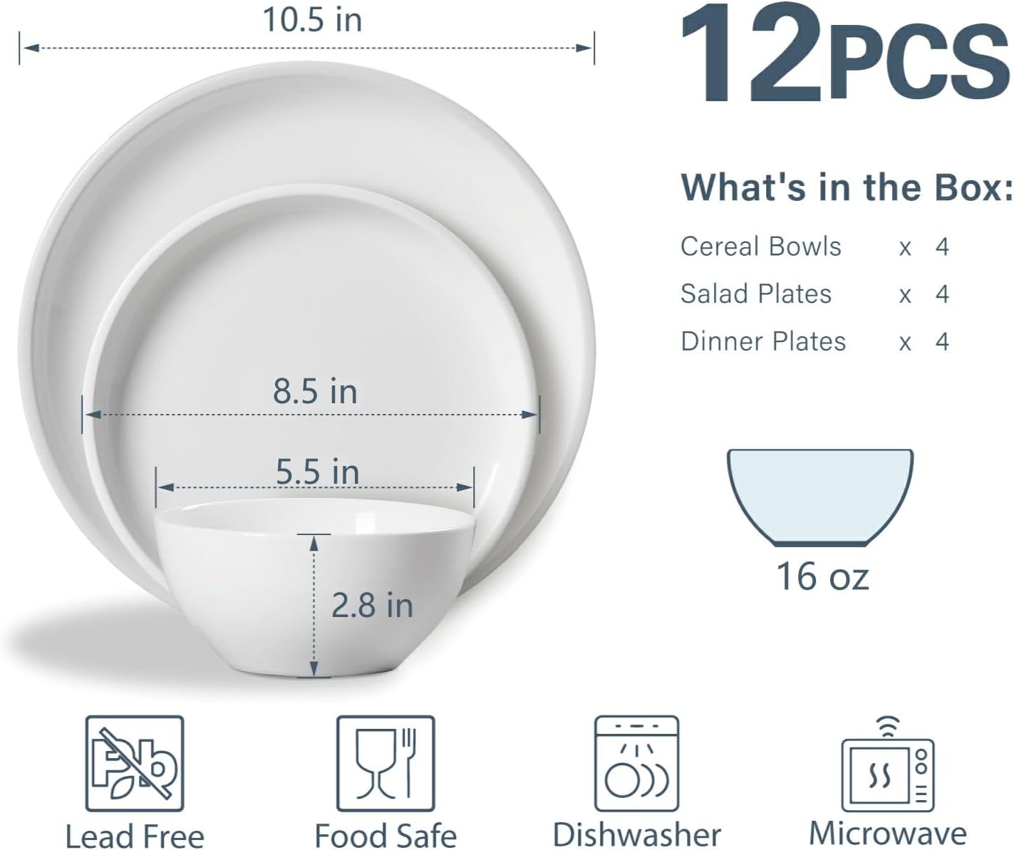 ONEMORE Plates and Bowls Set 12 Pcs,Stoneware Dinnerware Sets for 4 Microwavable,Oven & Dishwasher Safe Porcelain,Scratch Resistant Dishes Set,White