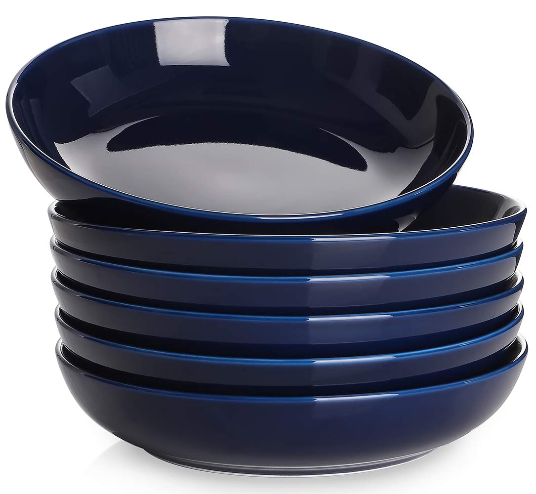 Y YHY 8.5'' Pasta Bowls Set of 6, 30 oz Ceramic Shallow Salad Bowls, Large Serving Soup Bowls Pasta Plates, Microwave & Dishwasher Safe Dinnerware Valentine's Day Gift, Gradient Blue