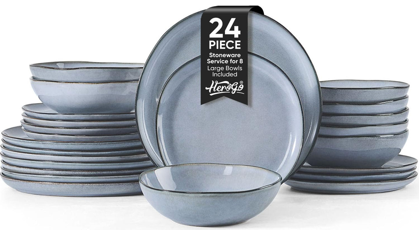 Herogo 12pcs Stoneware Dinnerware Sets for 4, Irregular Handmade Dinner Plates and Bowls, Kitchen Dining Dish Dishware Set, Microwave & Dishwasher Safe, Cream Khaki