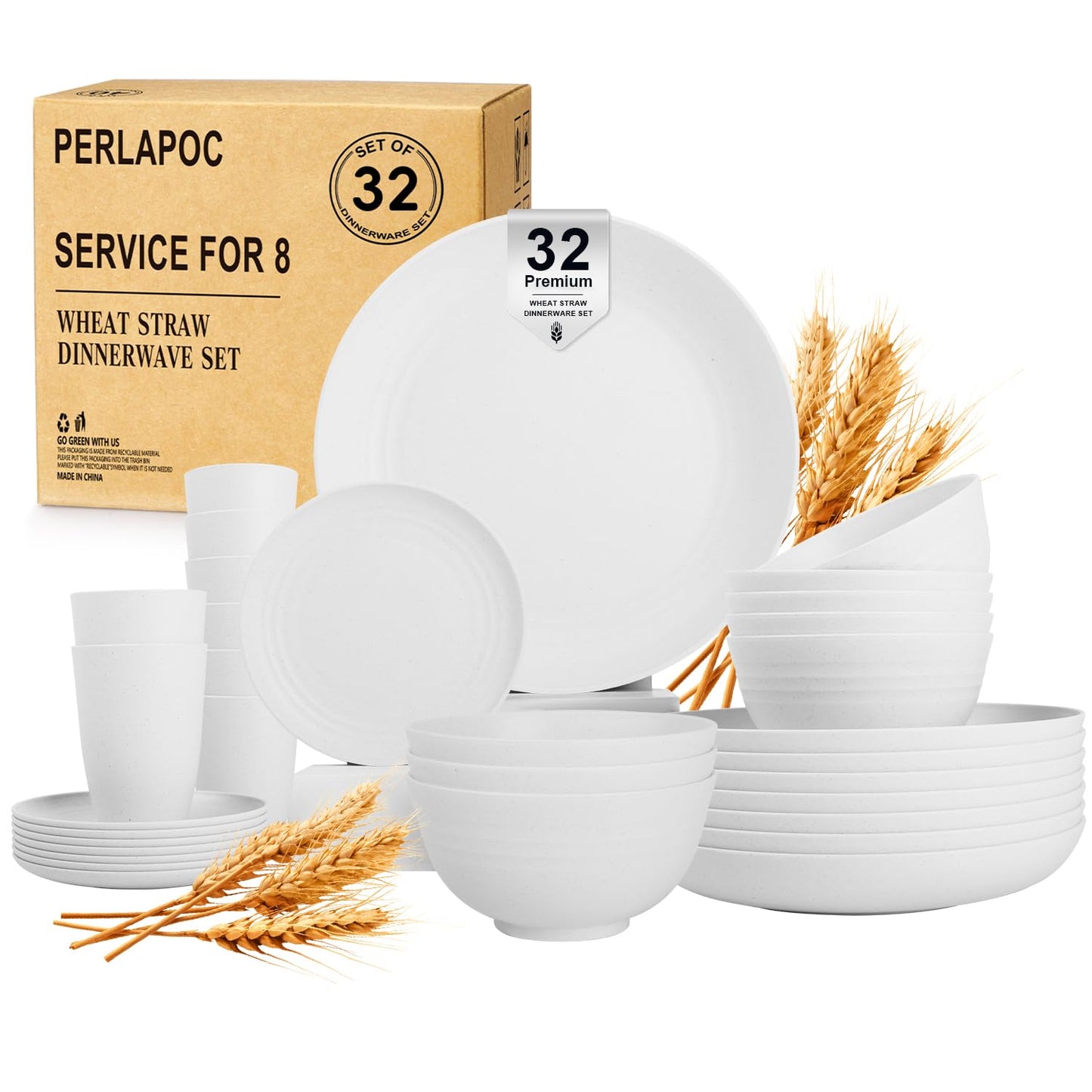 Wheat Straw Dinnerware Set 40 PCS - Service for 8 | Plates and Bowls Sets | Unbreakable Dishes Set - Dinner Plates, Dessert Plate, Cereal Bowls, Drinking Glasses, Dishwasher Safe - Multi