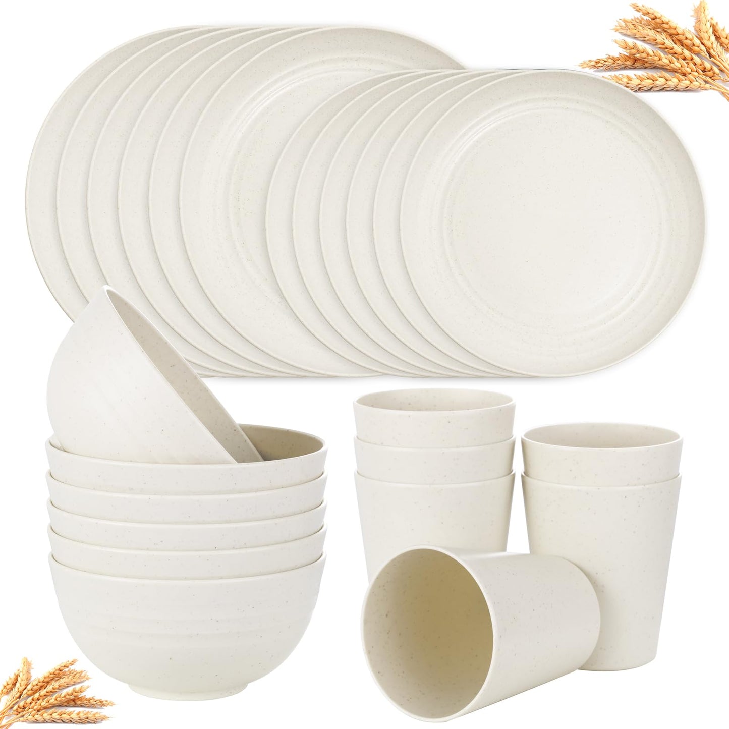 Supernal 32pcs Wheat Straw Dinnerware Sets,Plates and Bowls Sets,Reusable Plastic Plate,Microwave Dishwasher Safe,Plastic Dinnerware Set,Four Color Set 16pcs Plates,8pcs Bowls,8pcs Cups