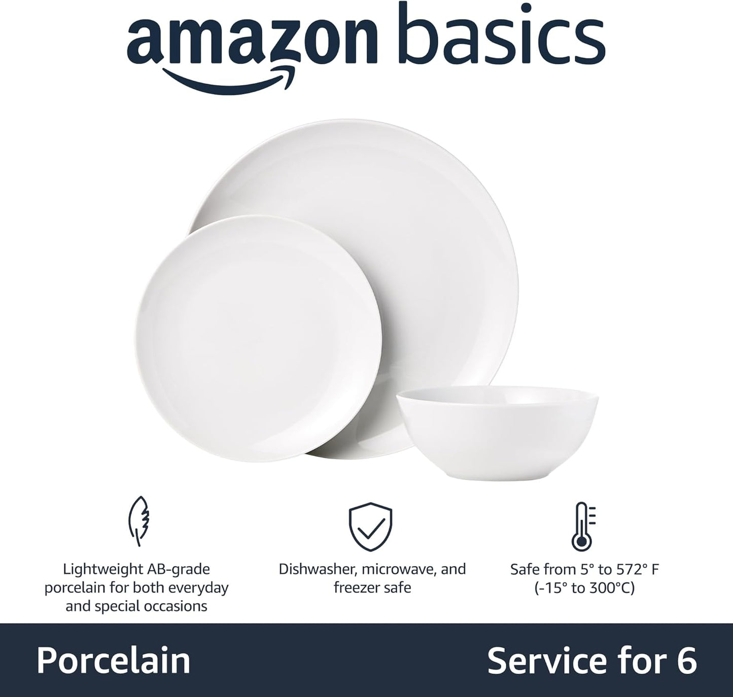Amazon Basics 18-Piece Complete Kitchen Dinnerware Set, Microwave and Dishwasher Safe, Plates, Dishes, Bowls for Everyday Use, Service for 6, White Porcelain Coupe