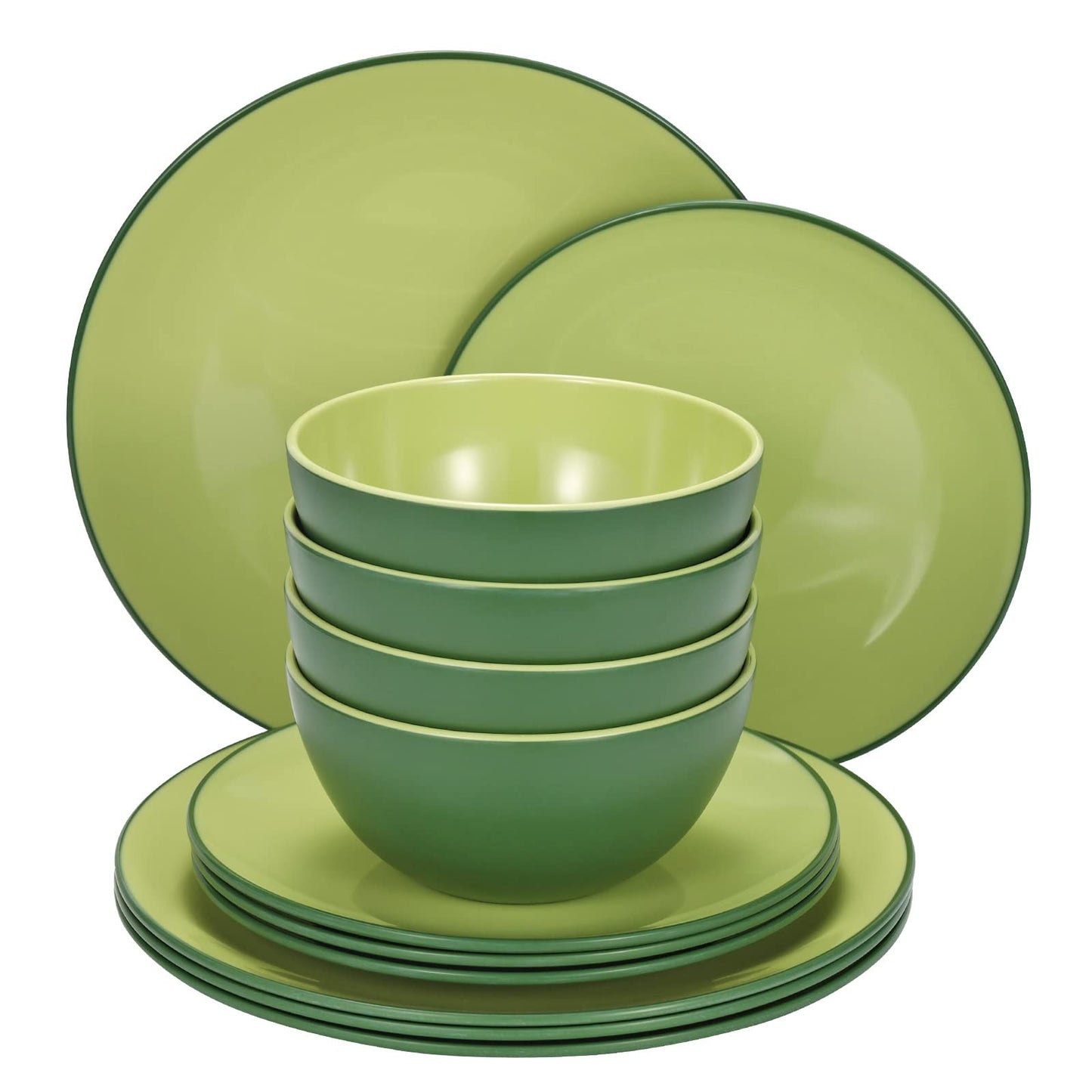 TP 12-Piece Melamine Dinnerware Sets, Plates and Bowls Dishes Set for 4, Break-Resistant & Non-Microwavable, Lightweight Dinner Plates, Wood Grain