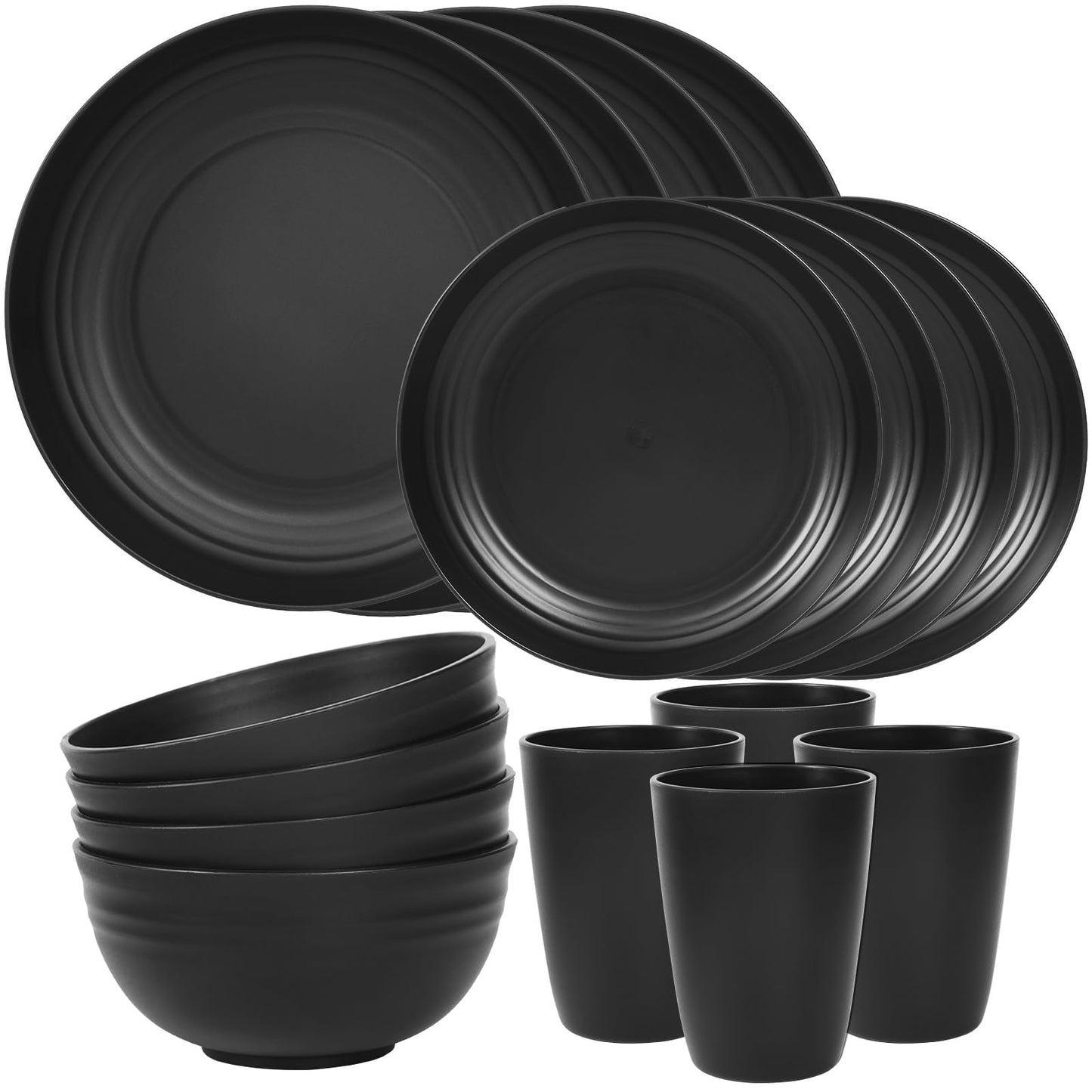 Quatish 32 Piece Plates and Bowls Sets for 8, Unbreakable Dinnerware Sets, Dish Set for Camping, Dishwasher Microwave Safe, Outdoor Kitchen and Apartment Dinning RV Essentials, Black