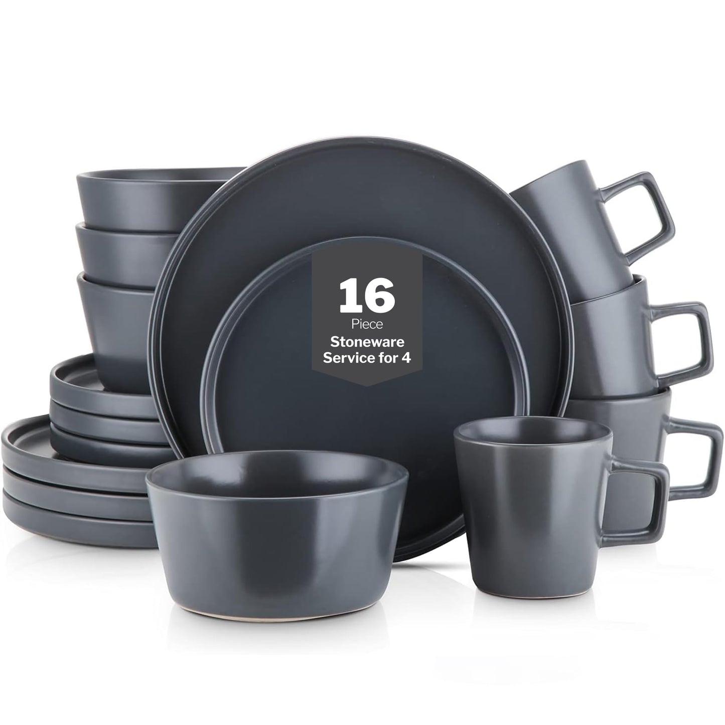 Stone Lain Celina Stoneware 16 Piece Dinnerware Set, Plates and Bowls, Black Matte Dish, Service for 4 – Minimalist Round Style, Microwave & Dishwasher Safe