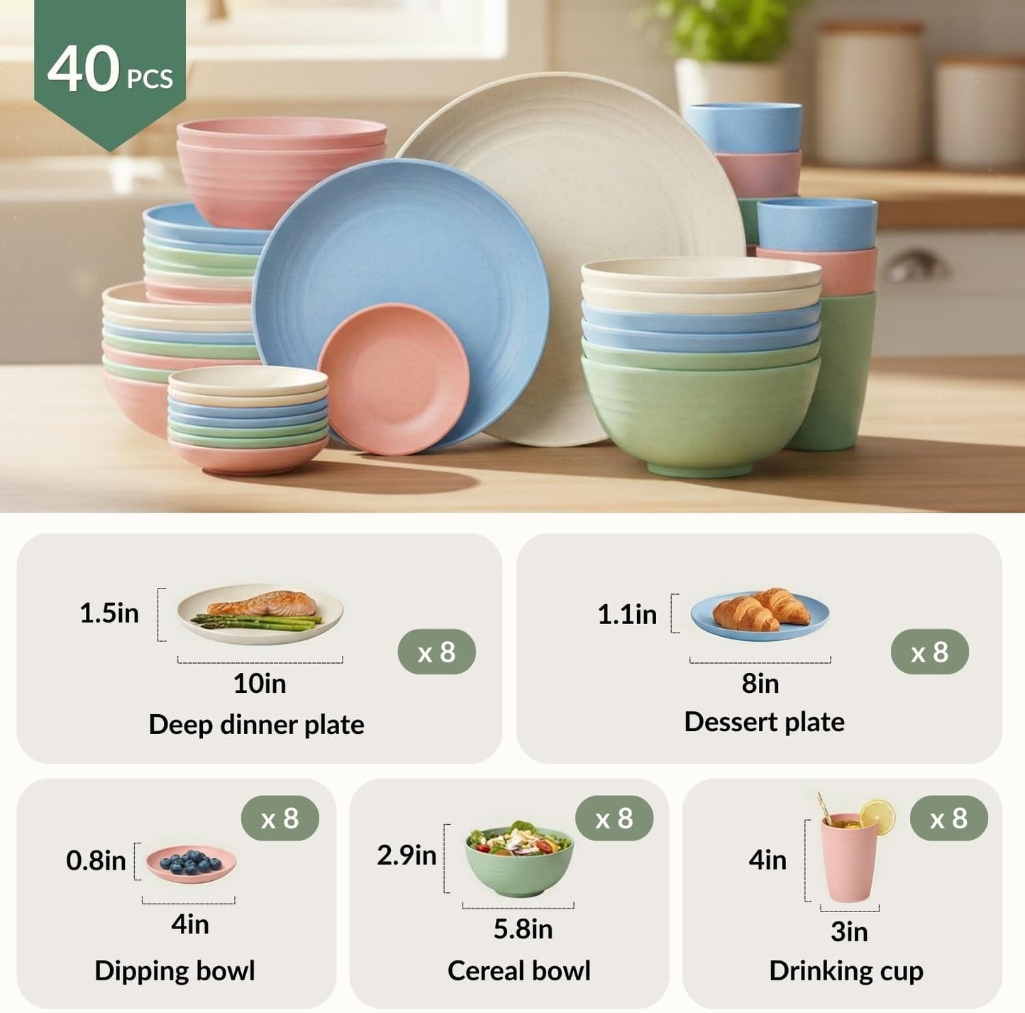Homienly 40-Piece Dinnerwave Set Service for 8 Unbreakable Kitchen Plates and Bowls Sets - Dinner Plates, Dessert Plates, Soup Bowls, Cup Set, Soy Sauce Dish Microwave & Dishwasher Safe (Light Multi)