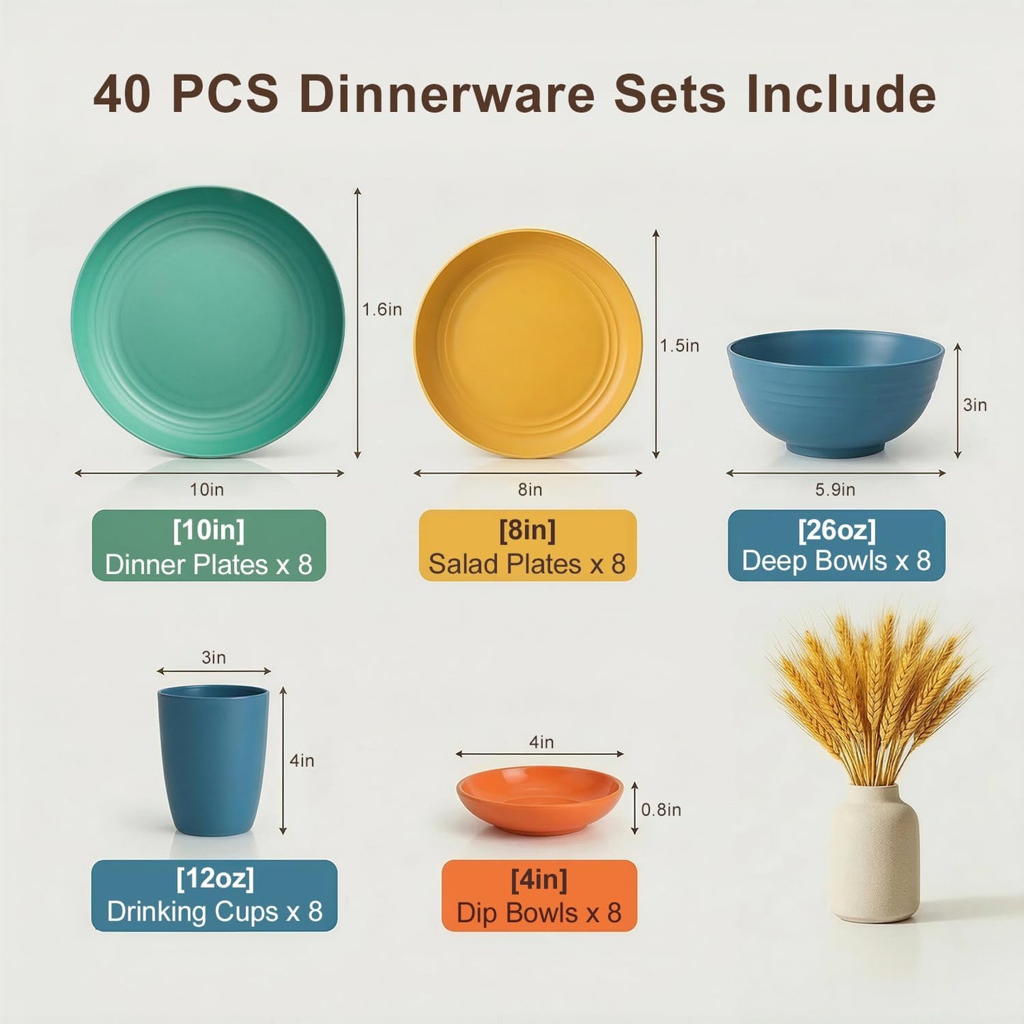 Wheat Straw Dinnerware Sets 40 Piece, Kitchen Plates and Bowls Set, Unbreakable Dishes Set for 8, Microwave and Dishwahser Safe Dishware Sets for Home, Camping, RV, Party - Multi