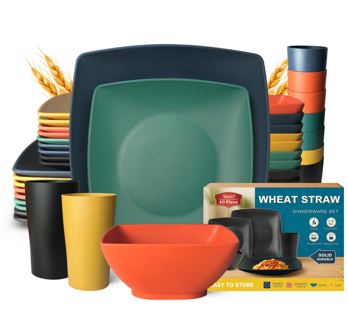 Teivio 40-piece Plastic Wheat Straw Square Dinnerware Set,Service for10, Unbreakable Dinner Plates, Salad Plates, Snack Bowls, Tumblers 13.5 oz, Dishwasher Safe, Kitchen Outdoor Camping Dish, Black