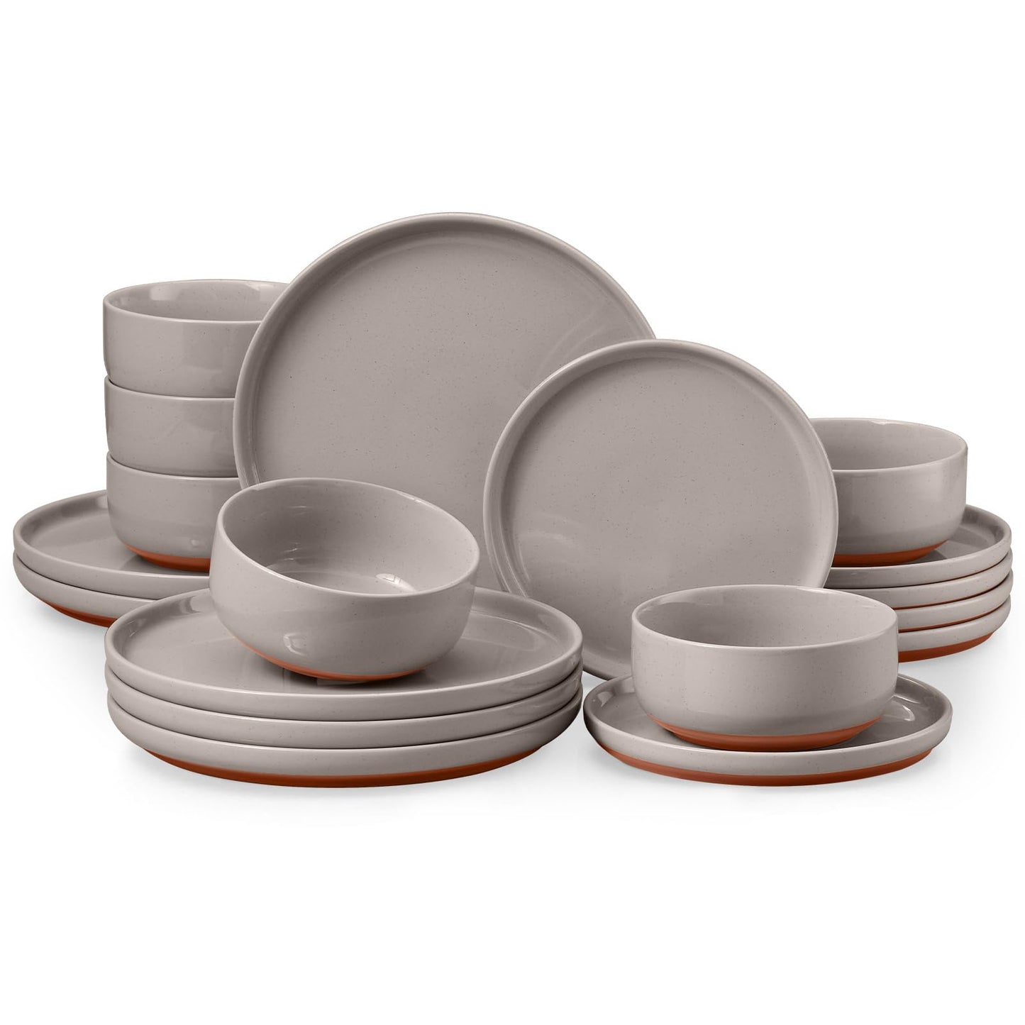 E-far 12-Piece Stoneware Dinnerware Sets, Plates and Bowls Sets for 4, Ceramic Dishware Dishes Set with Terracotta Base, Chip & Scratch Resistant, Microwave & Dishwasher Safe, Speckled White