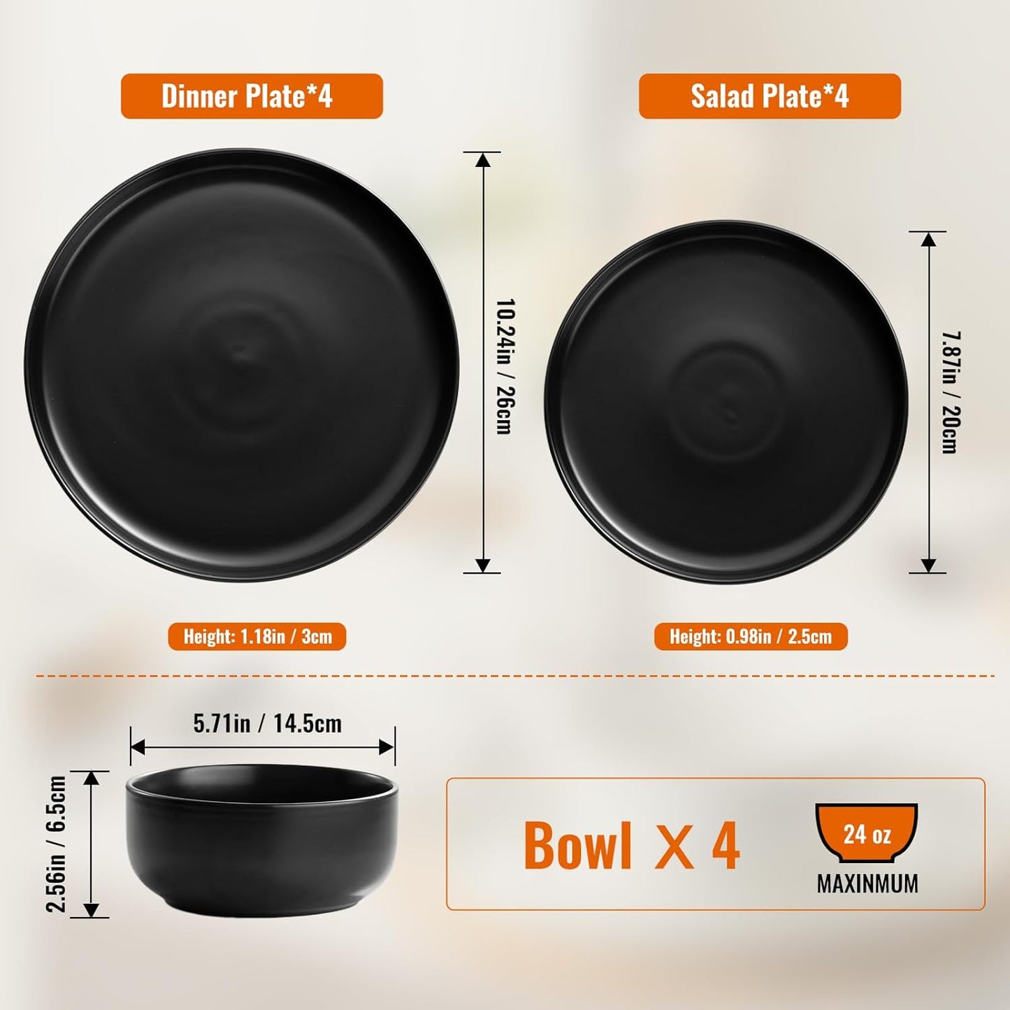 EWFEN Plates and Bowls Sets, 12 Pieces Ceramic Dinnerware Set for 4, Stoneware Dishware Dishes Set, Scratch Resistant Dishes Set, Dishwasher & Microwave Safe, Black